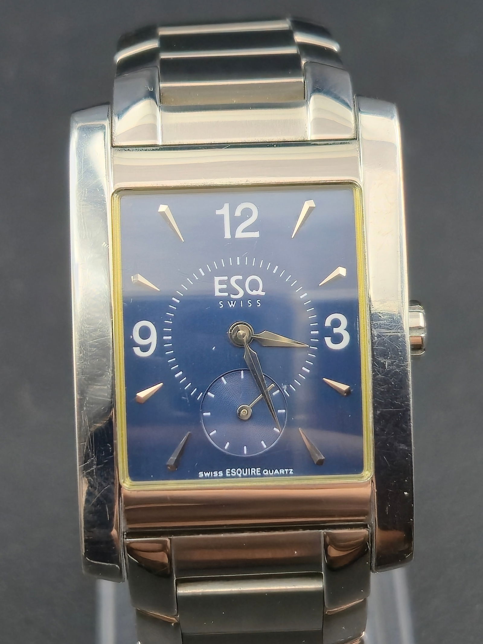 ESQ Swiss Rectangular Quartz Dress Wristwatch Blue Dial Stainless Steel 27mm Ref 300472 circa 2000s (1 of 9)