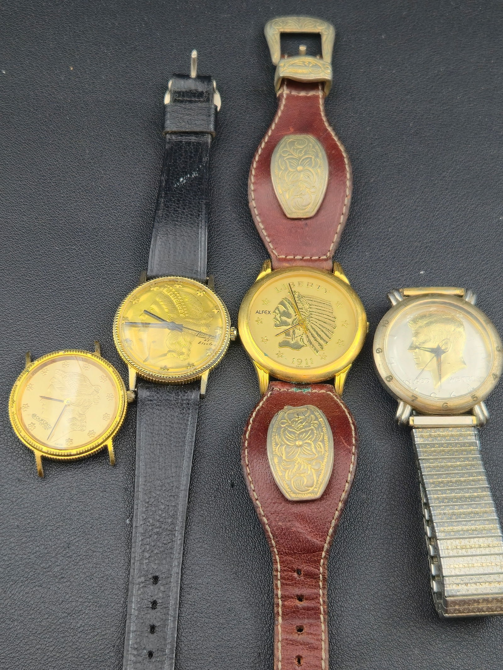 Lot of 4 Vintage Novelty Dial Wristwatches Dufonte Alfex Longine 21 Electa JFK Untested (1 of 10)