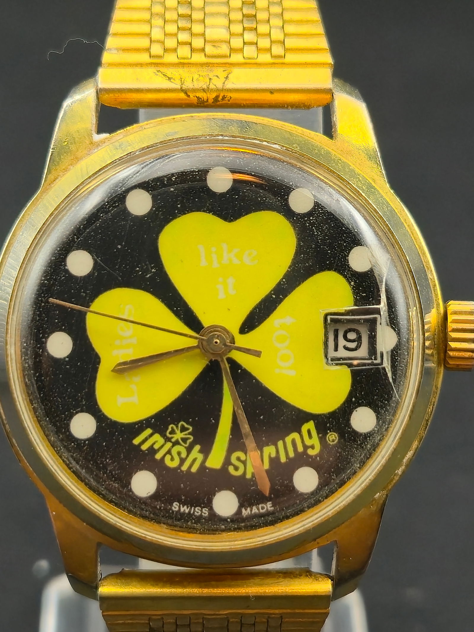 1970s Irish Spring Mechanical Wristwatch Cal 315P Swiss Manual Wind 34mm: Vintage Irish Spring promotional wristwatch featuring the shamrock novelty dial. This watch is mechanical and manual-wind, confirmed by the visible movement marked Cal. 315P, one jewel. Cased and time