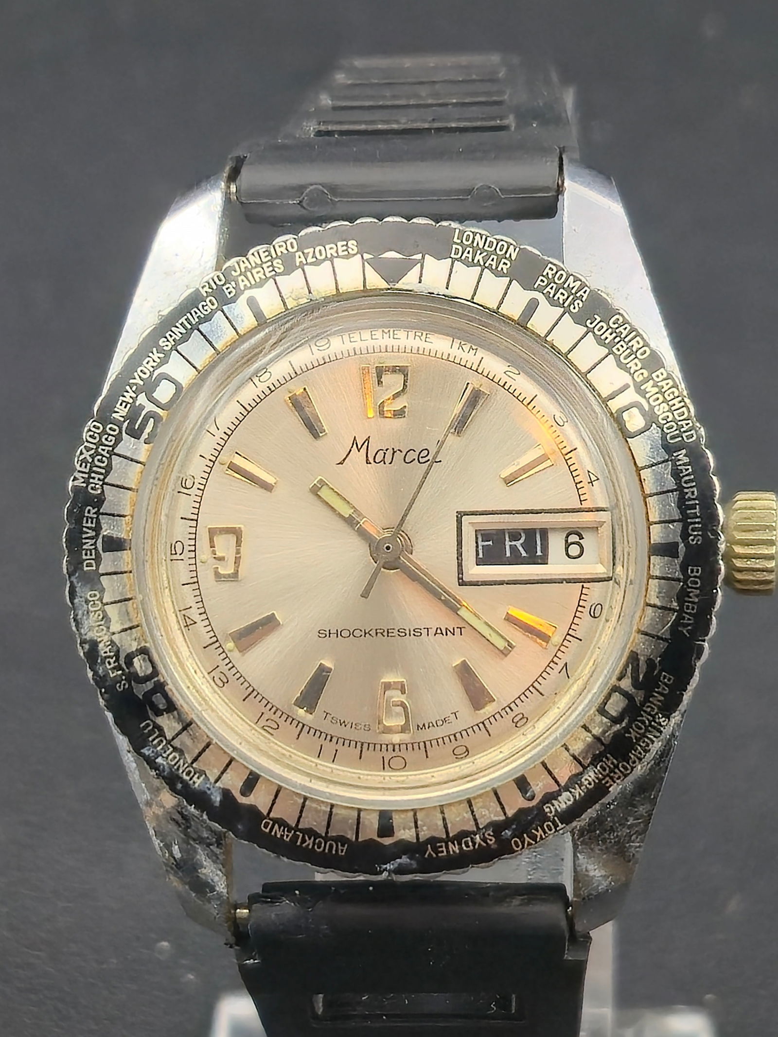 1960s Marcel Swiss World Time Automatic Day Date Stainless Steel 30mm (1 of 10)