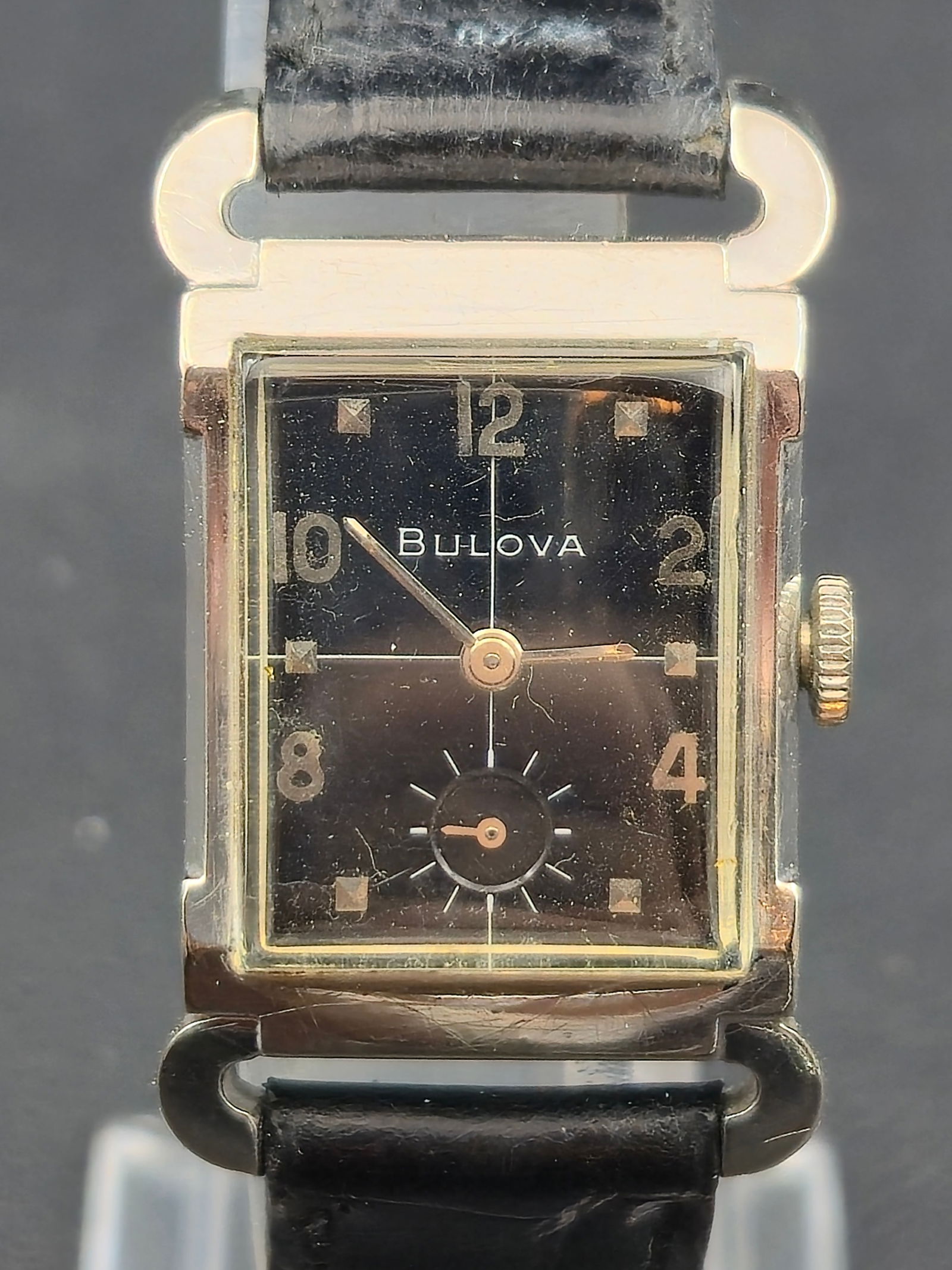 1957 Bulova L7 21j Rectangular Black Dial Crosshair 10K White Gold Filled Manual Watch Runs (1 of 9)