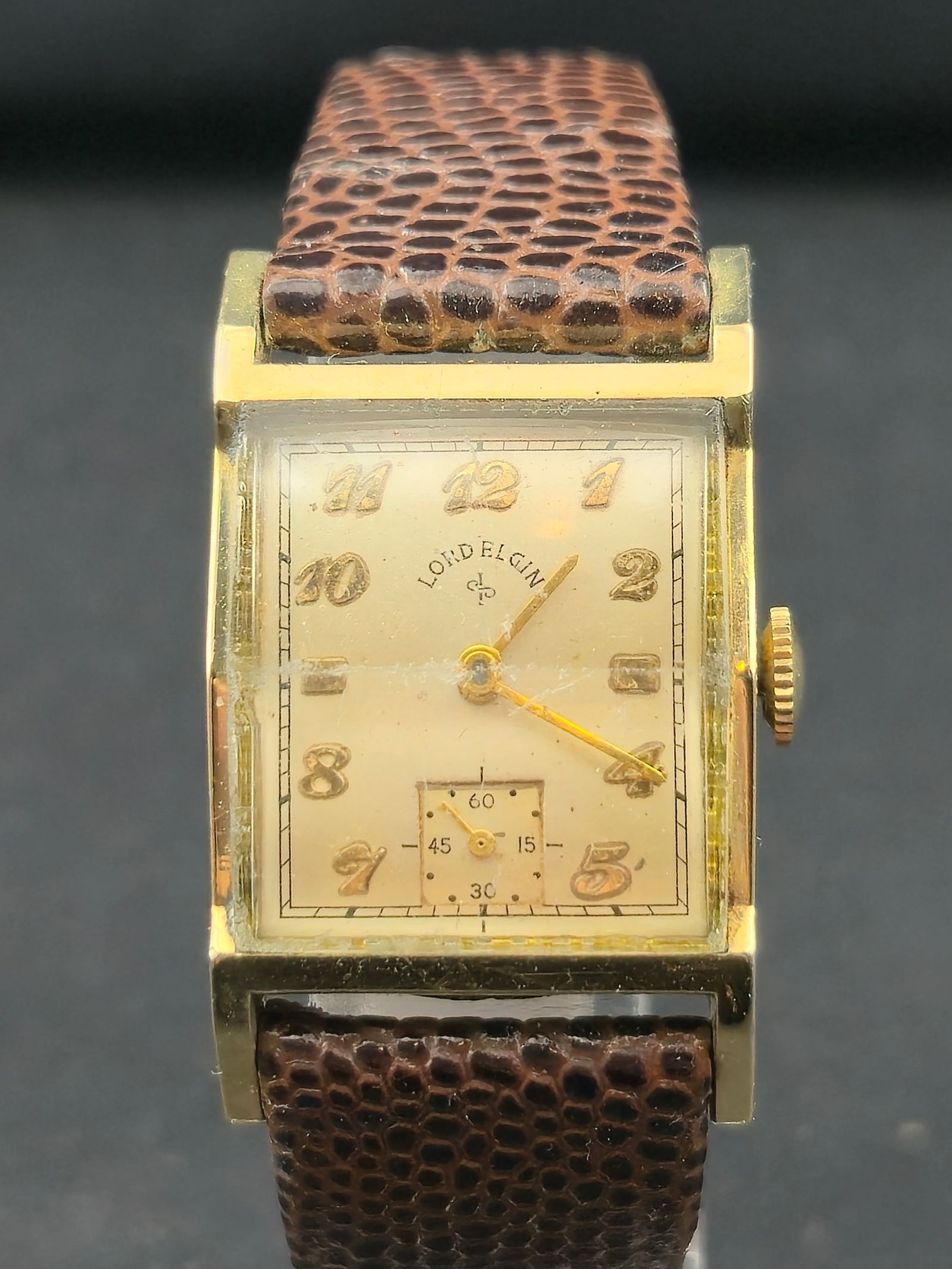 1930s Lord Elgin Rectangular Wristwatch 14K Gold Filled Elgin Cal 626 21J Small Seconds: Vintage Lord Elgin rectangular wristwatch featuring a classic Art Deco–era design. The dial is signed “Lord Elgin” and displays applied Arabic numerals with a subsidiary small seconds regist