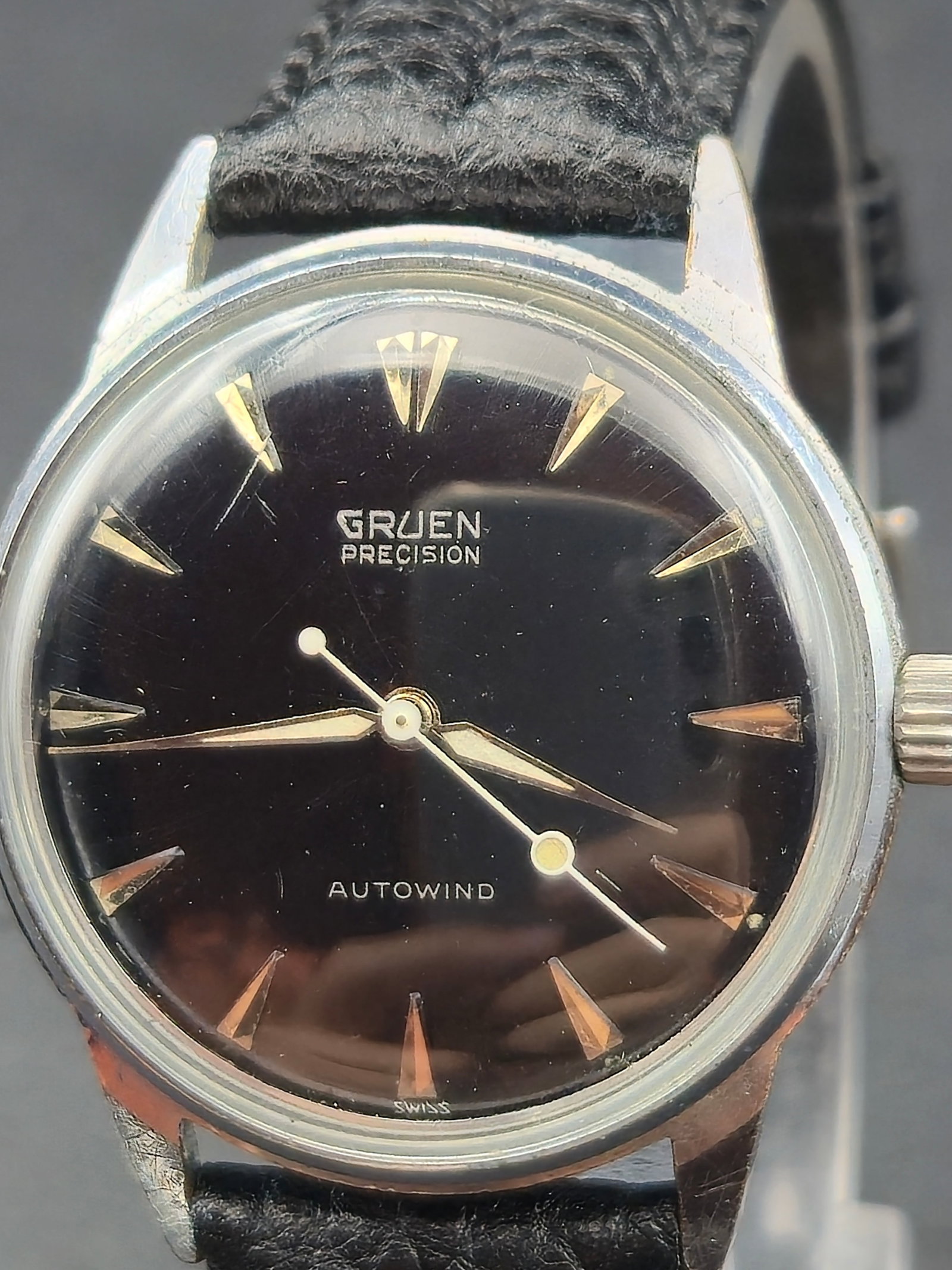 1950s Gruen Precision Autowind Sunburst Black Dial Stainless Steel Watch Running (1 of 10)