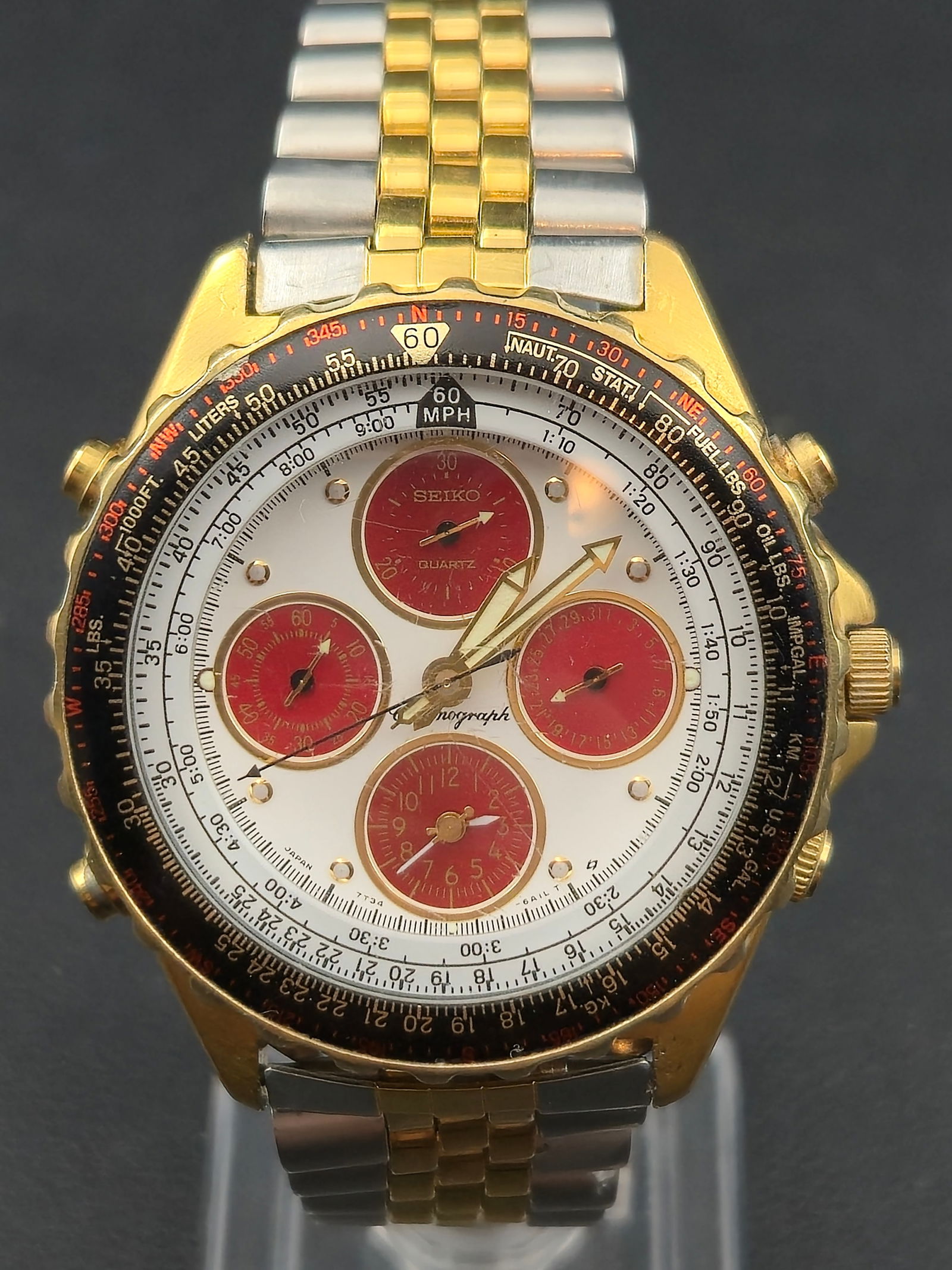 1990s Seiko Quartz Chronograph 7T34 Red Subdial Two Tone 41mm Watch Running (1 of 9)