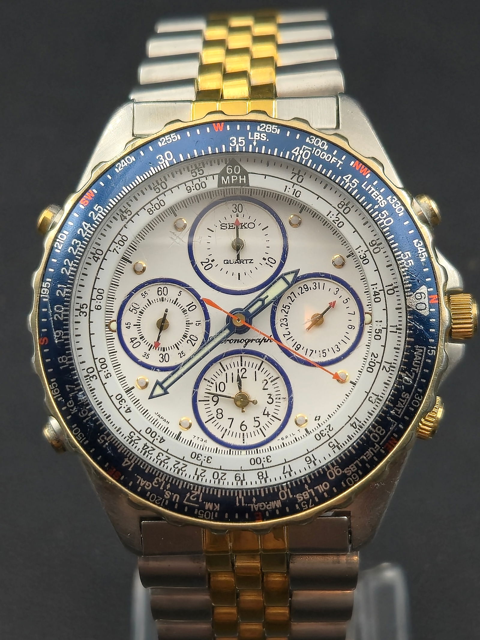 1990s Seiko Quartz Chronograph 7T34-6A09 Two Tone 42mm Tachymeter Watch Running (1 of 9)