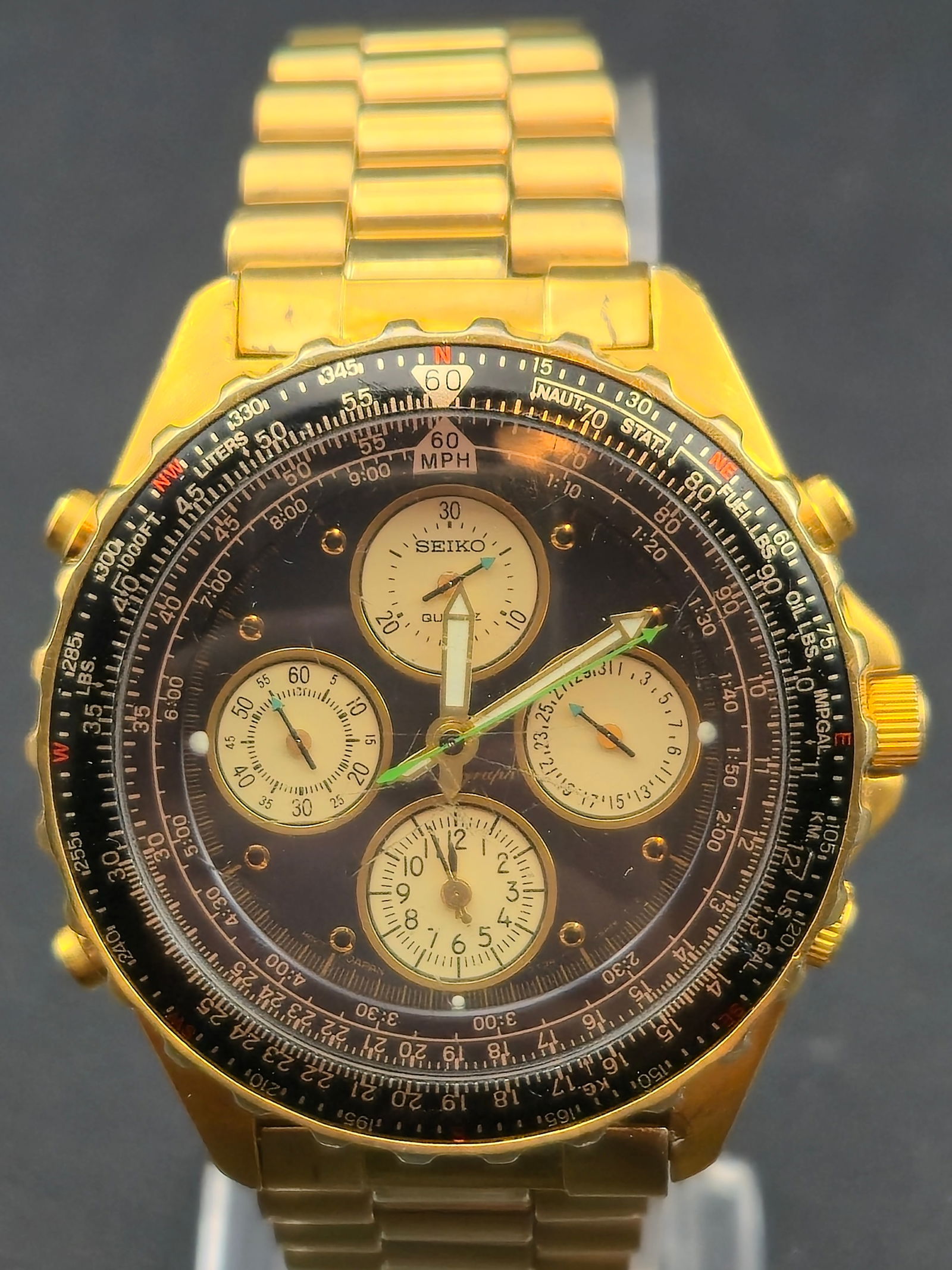 1990s Seiko Quartz Chronograph 7T34-6A09 Gold Tone 42mm Tachymeter Watch Running (1 of 10)