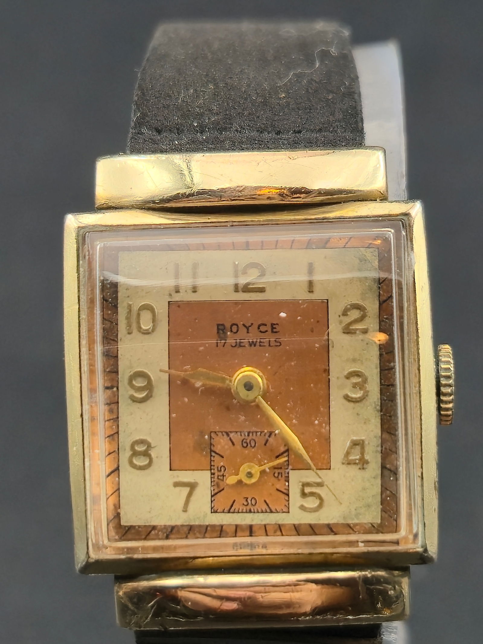 1930s Royce 17J Rectangular Sub Seconds Gold Tone Stainless Back Watch Running (1 of 10)