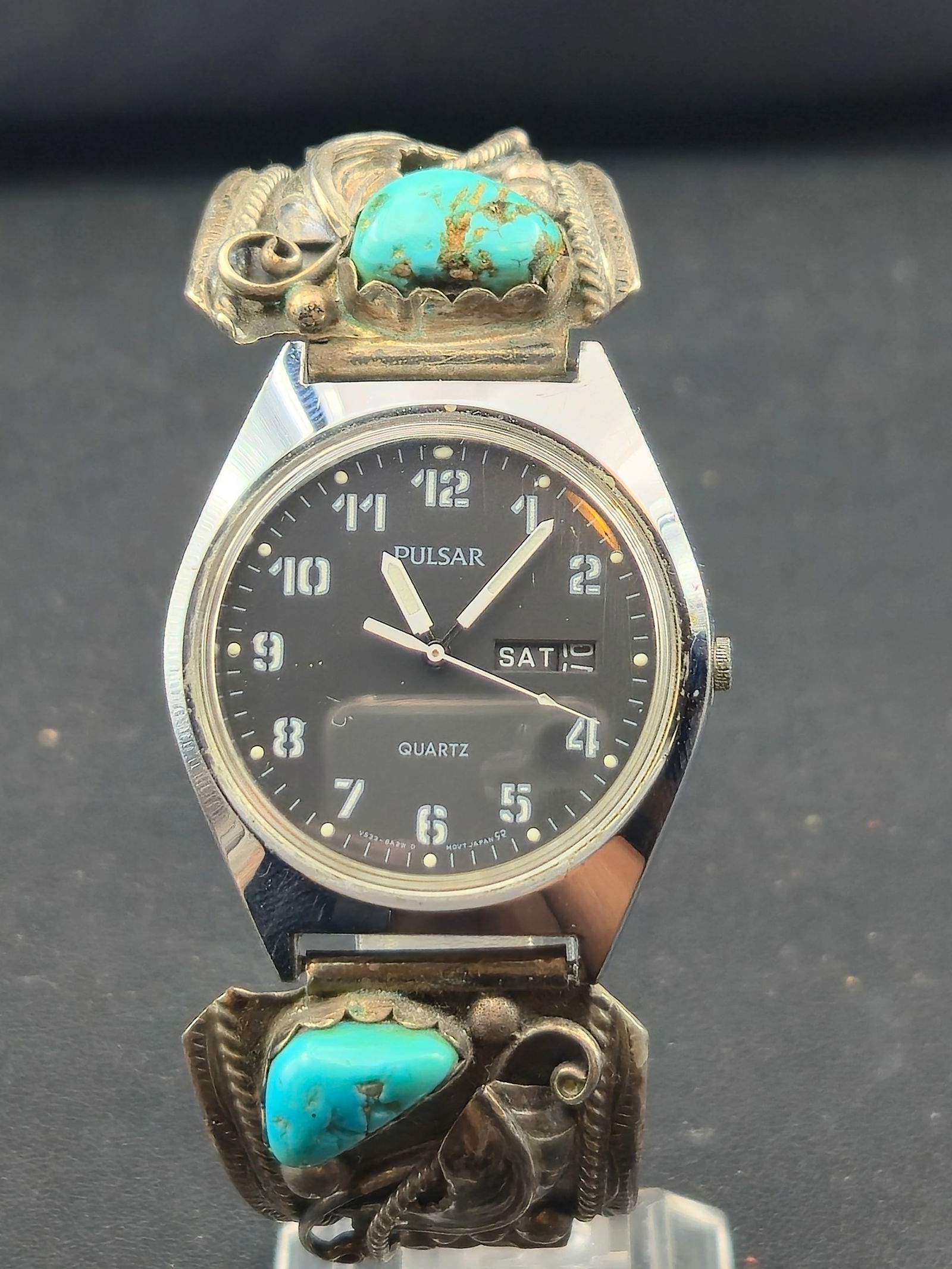 Navajo SC Sterling Turquoise Coral Cuff w Pulsar Quartz Watch (1 of 10)