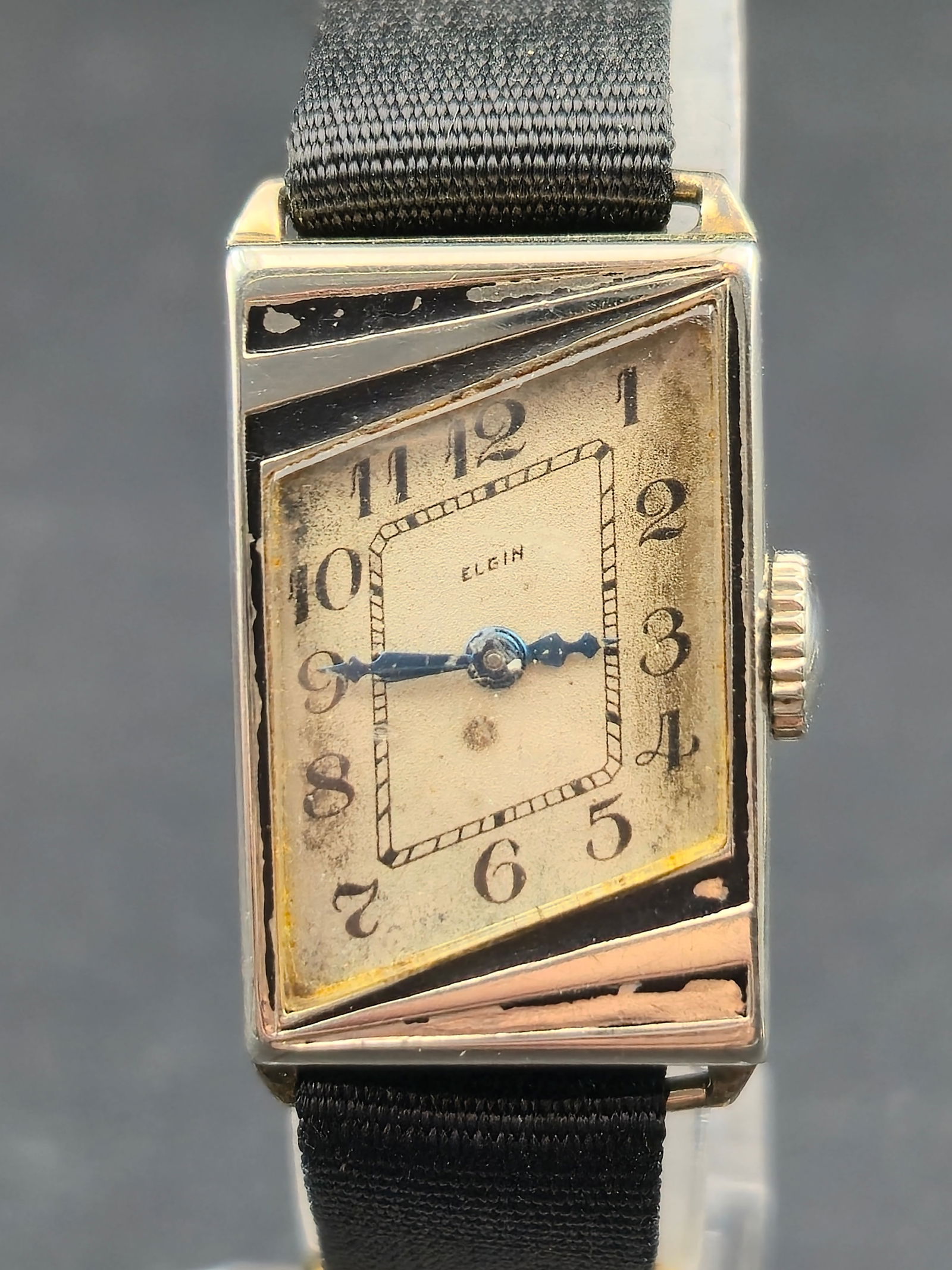 1930 Elgin Art Deco 14K White Gold Filled 16mm Manual Wind Watch Running: Circa 1930 Elgin rectangular Art Deco wristwatch housed in a 14K white gold filled Illinois Watch Case Co case. Movement signed Elgin U.S.A. with serial number 32377831. Inside caseback marked 14K Gol