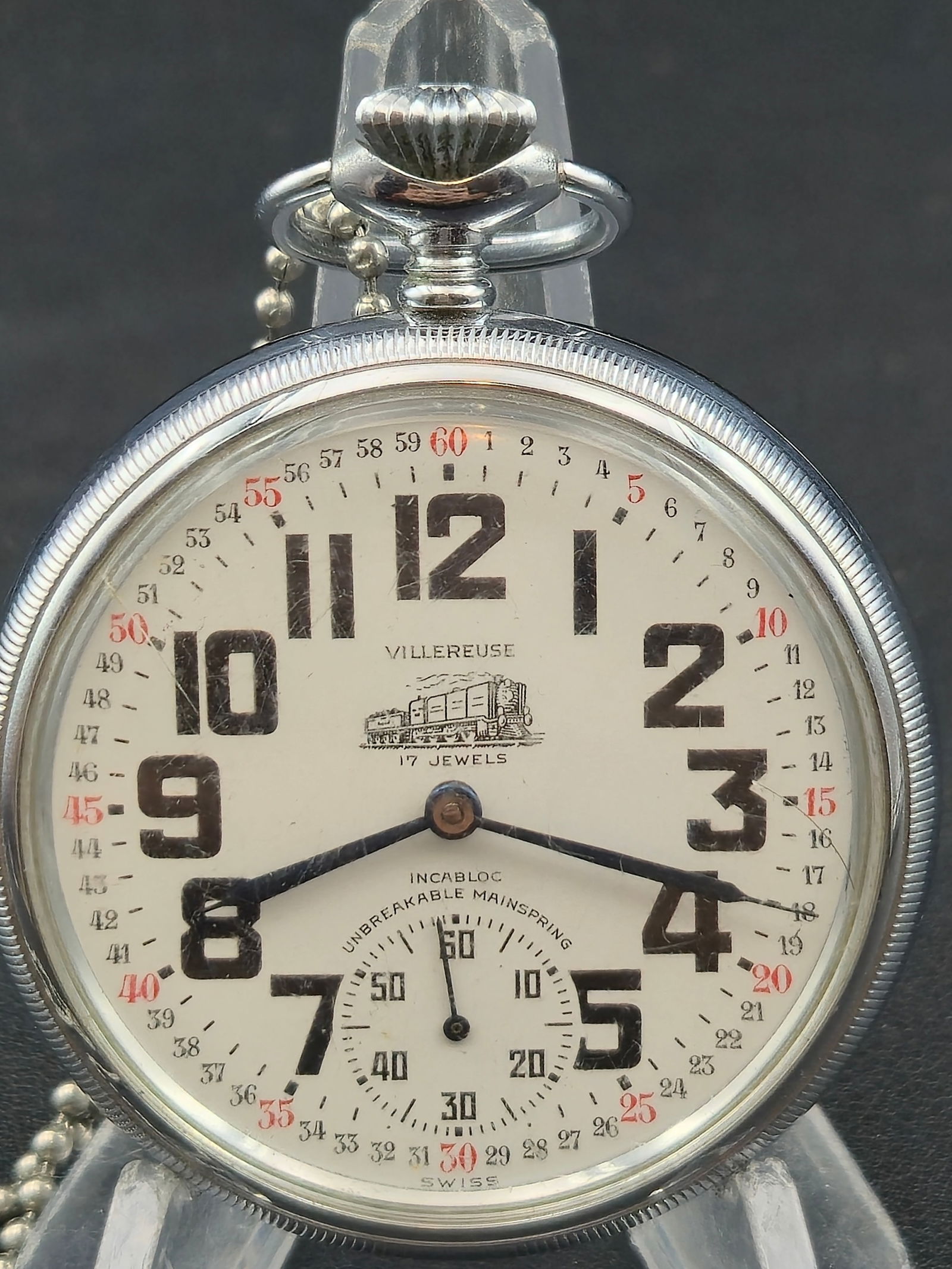 Villeruese Watch Co 17J Swiss 51mm Montgomery Dial Pocket Watch w Chain Runs (1 of 10)