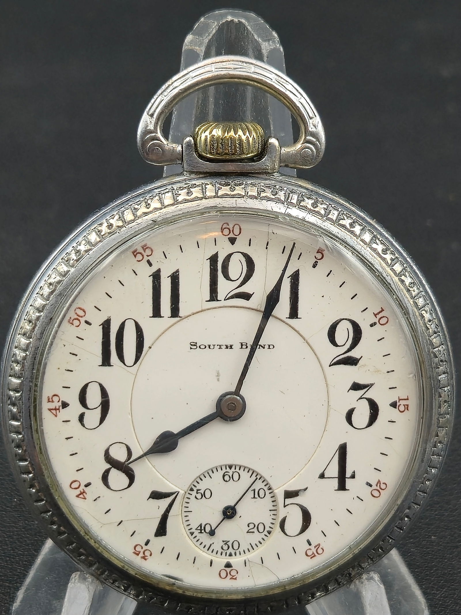 1922 South Bend Grade 219 Model 2 16s 19J Double Roller Keystone Case: 1922 South Bend pocket watch, Grade 219, Model 2. Movement serial number 1006313 confirmed via provided Pocket Watch Database screenshot showing estimated production year 1922.16 size, 19 jewels, brid