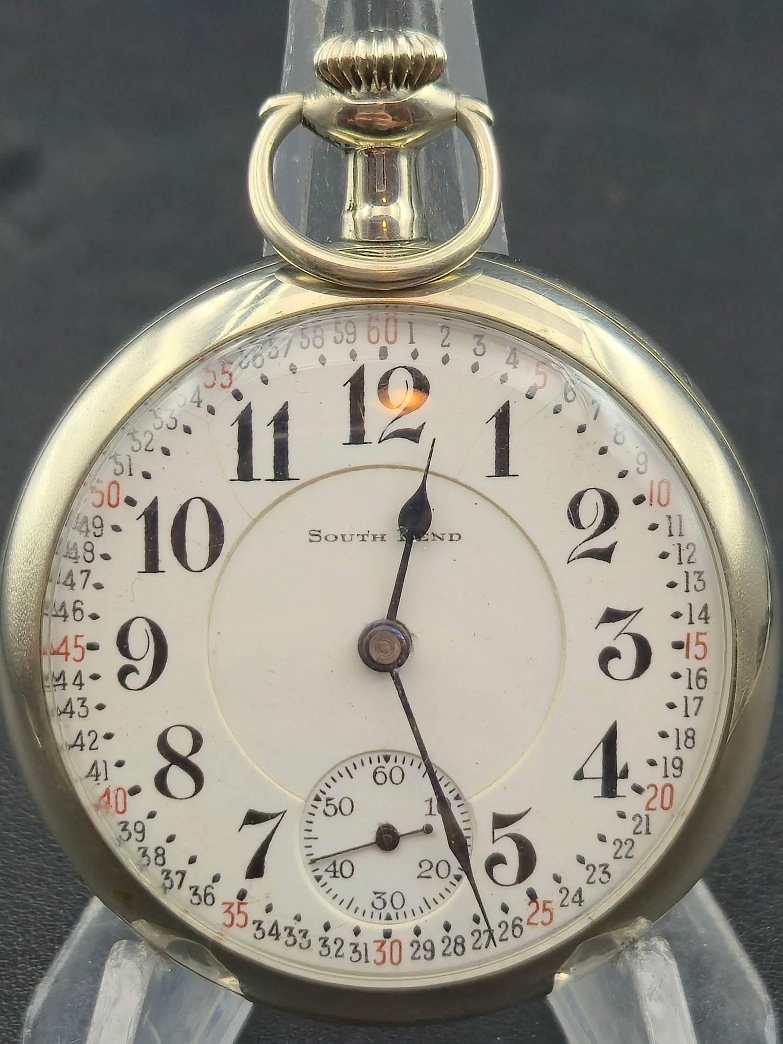 1927 South Bend Grade 227 Model 2 16s 21J Railroad Montgomery Dial Running: 1927 South Bend pocket watch, Grade 227, Model 2. Movement serial number 1190678 confirmed via provided Pocket Watch Database screenshots showing estimated production year 1927.16 size, 21 jewels, bri