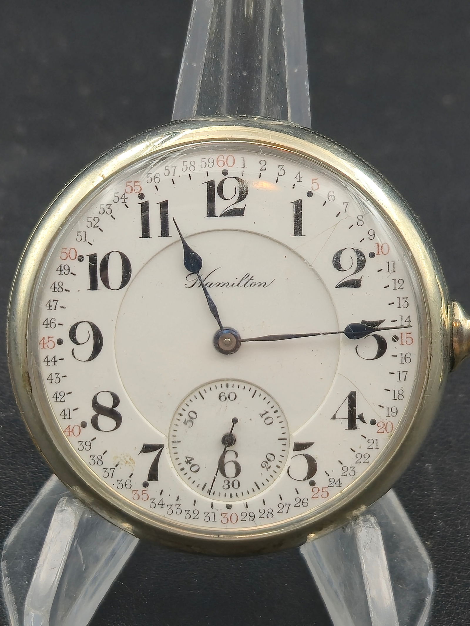 1910 Hamilton Grade 993 Model 1 16s 21J Sidewinder Salesman Display Running: Hamilton Watch Co., Lancaster Pennsylvania. Grade 993, Model 1. Movement serial number 776693 confirmed via provided database screenshot. Estimated production year 1910. Run quantity 400.16 size, 21 j