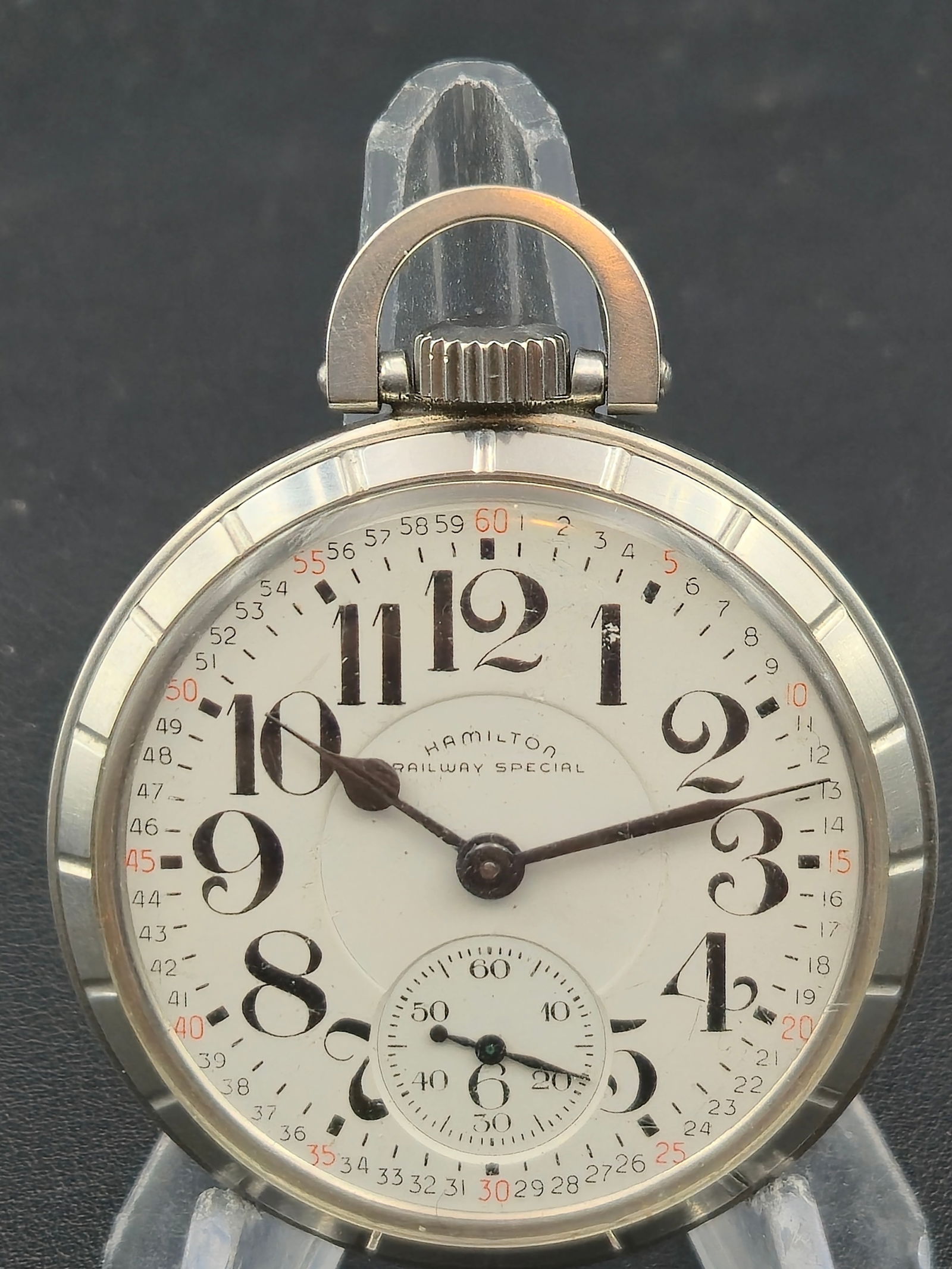 1956 Hamilton 992B Model 5 16s 21J Montgomery Dial Stainless Stee: 1956 Hamilton Grade 992B Model 5 pocket watch, movement serial number C435623 as shown in database screenshot. Signed Hamilton Watch Co USA 992B 21 Jewels. Marked Adjusted to Temp and 6 Positions. Lev