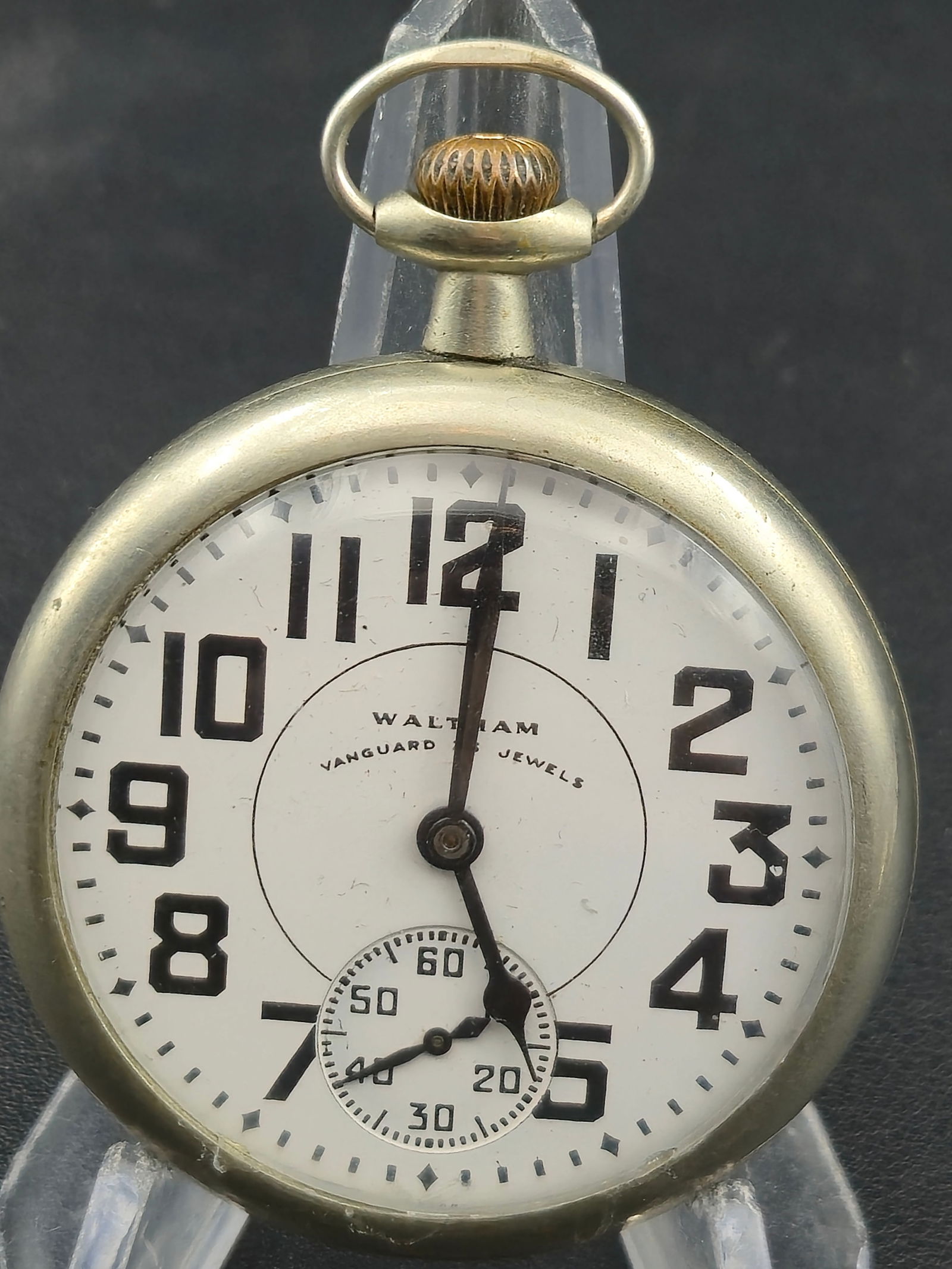 1949 Waltham Vanguard Model 1908 16s 23J 8 Adjustments Railroad Watch: 1949 Waltham Vanguard Model 1908 railroad grade pocket watch, movement serial number 33309320 as shown. Signed Vanguard Waltham USA and marked 23 Jewels 8 Adjustments. Bridge plate movement configurat