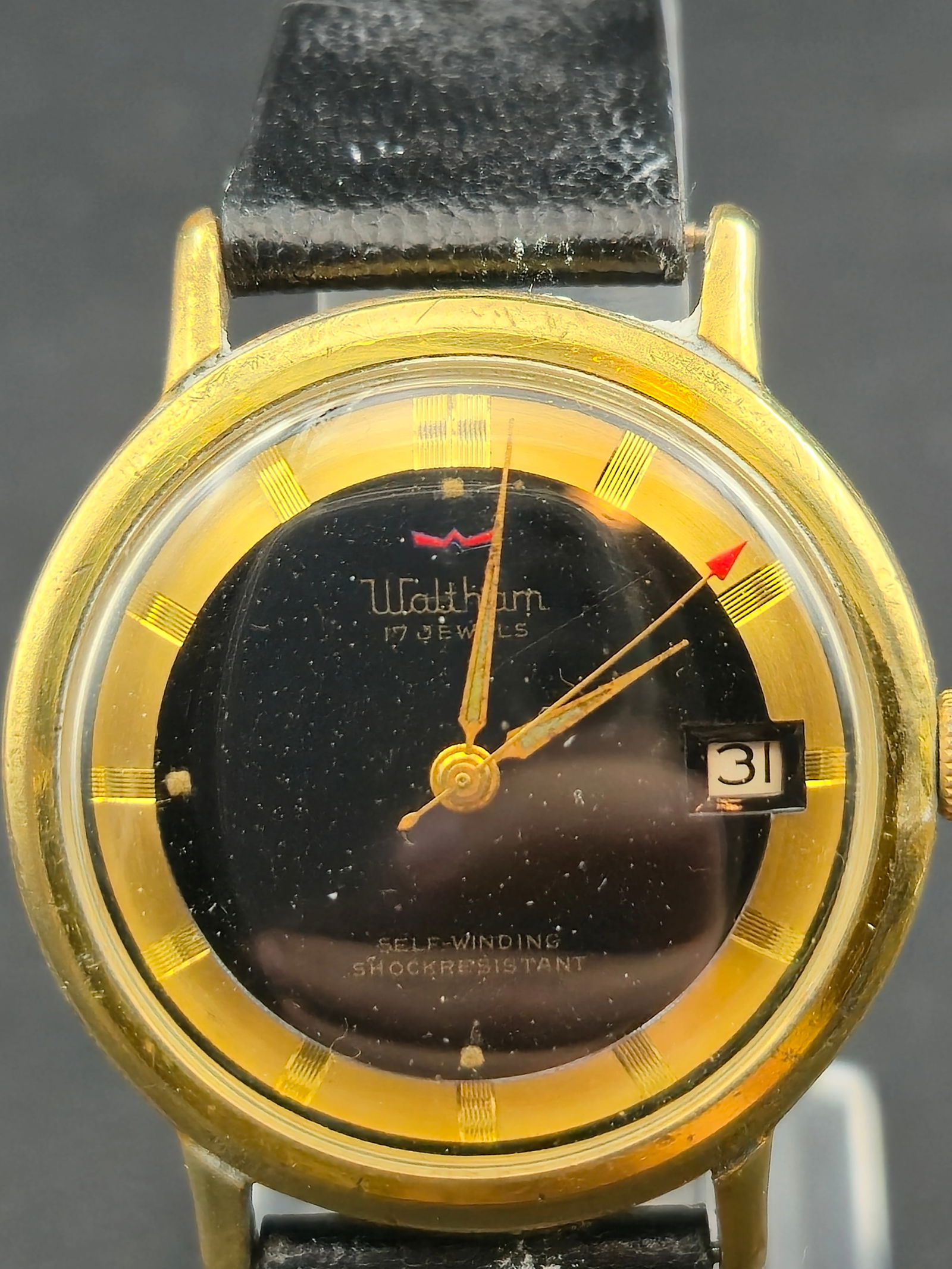 1960s Waltham 17J Automatic 34mm HGE Gold Clad Top Date Black Dial Running (1 of 10)