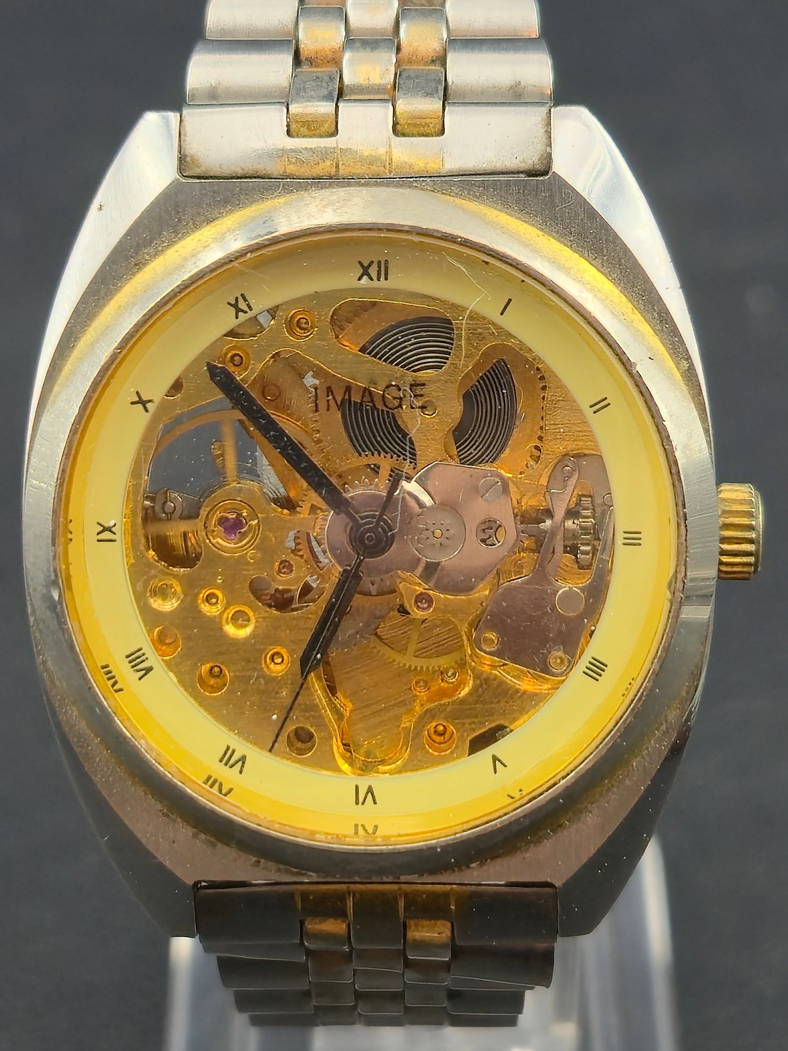 Image Skeleton Automatic 35mm Two Tone Stainless Watch Exhibition Back Running (1 of 9)