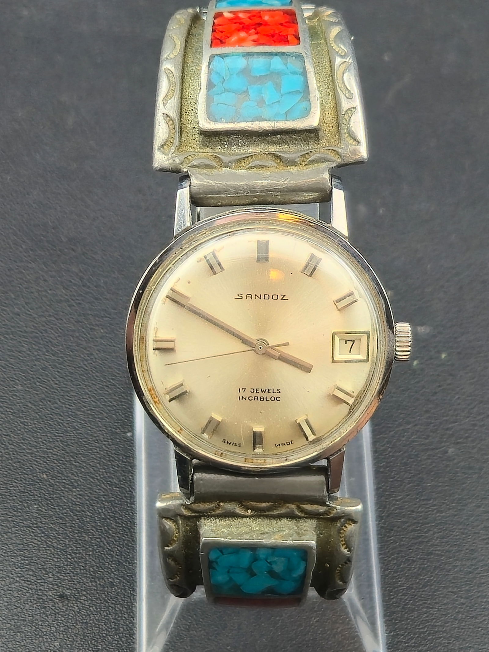 1960s Sandoz 17J Incabloc Date 33mm Swiss Manual Wind w Native Style Inlay Bracelet Runs (1 of 13)