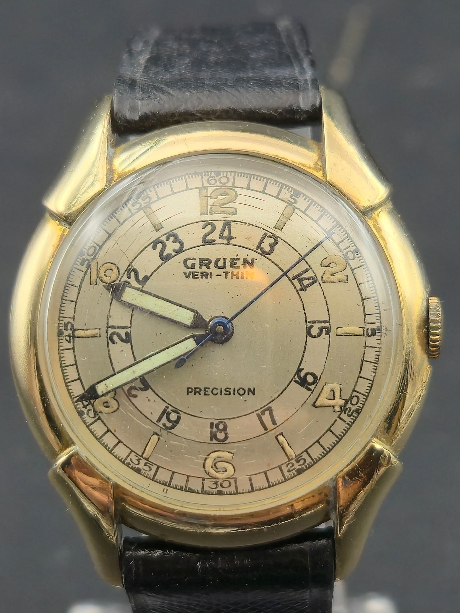 1940s Gruen Veri-Thin Precision 32mm 10K Gold Filled Bezel 24Hr Dial Starts and Stops (1 of 11)