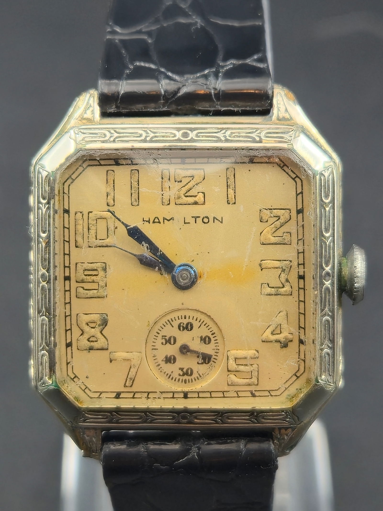 1930 Hamilton 987F 17J 14K white Gold Filled Art Deco Case 29mm Arabic Dial Small Seconds Running: Vintage 1930 Hamilton Art Deco wristwatch powered by the Hamilton Grade 987F 17 jewel manual wind movement. Movement serial 4231361. Housed in a Harris 14K gold filled rectangular case with engraved D
