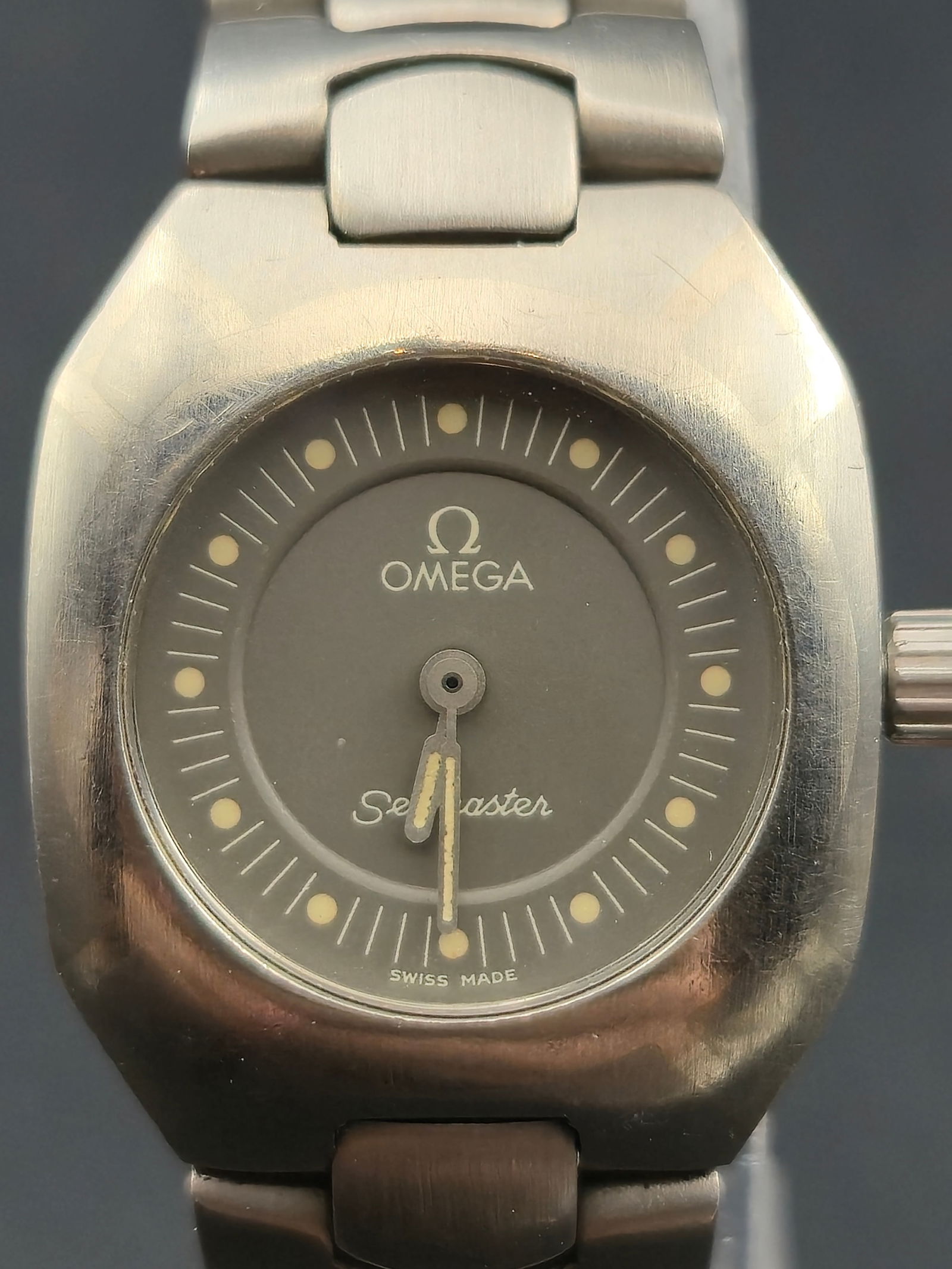 1998 Omega Seamaster Titanium Quartz 795.0845 22mm Cal 1450 Running: Late 1990s Omega Seamaster ladies titanium quartz wristwatch, reference 795.0845 with matching case 5950072. Titanium case and bracelet with signed Omega clasp stamped 6068/092. Caseback engraved Seam