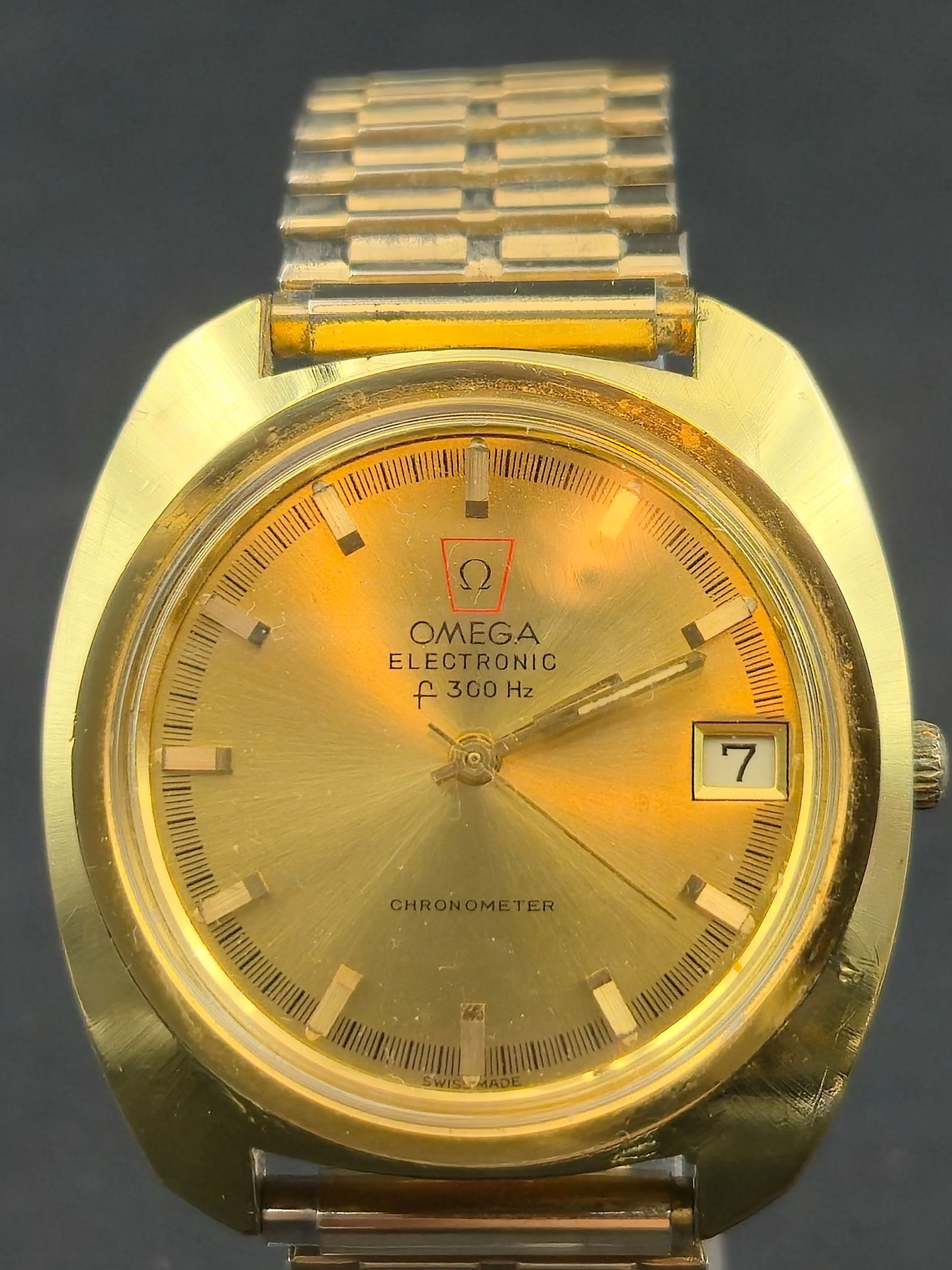 1973 Omega Electronic f300Hz Chronometer Ref 198.030 Cal 1250 Gold Plated 38mm Engraved Back Running: 1973 Omega Electronic f300Hz Chronometer reference 198.030 powered by caliber 1250 tuning fork movement. Fresh battery installed and running. Gold plated case with stainless steel back. Caseback engra