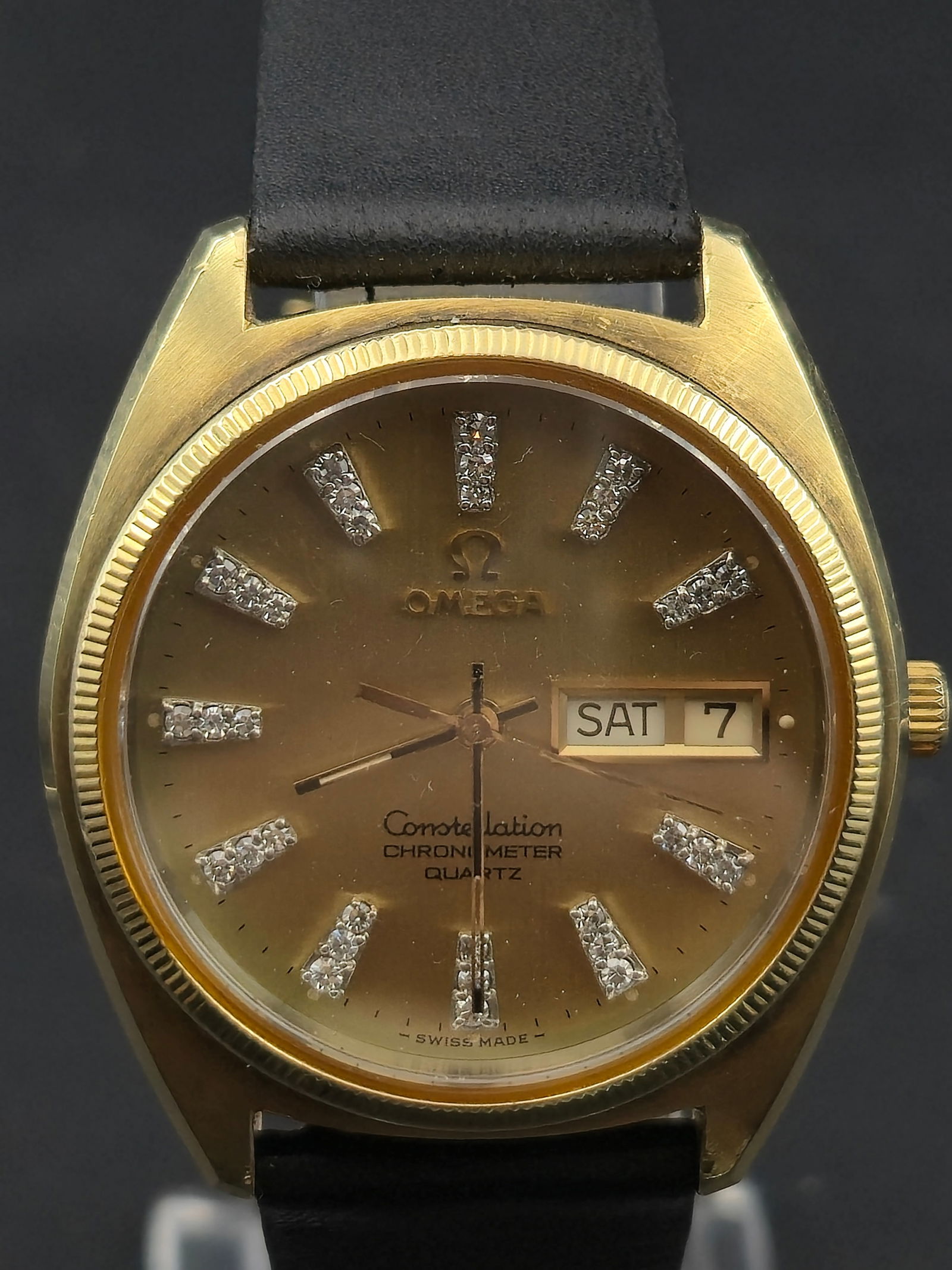 Omega Constellation Quartz Day Date Diamond Dial Cal 1346 Ref 198.0111 Gold Cap 1970s Running (1 of 9)