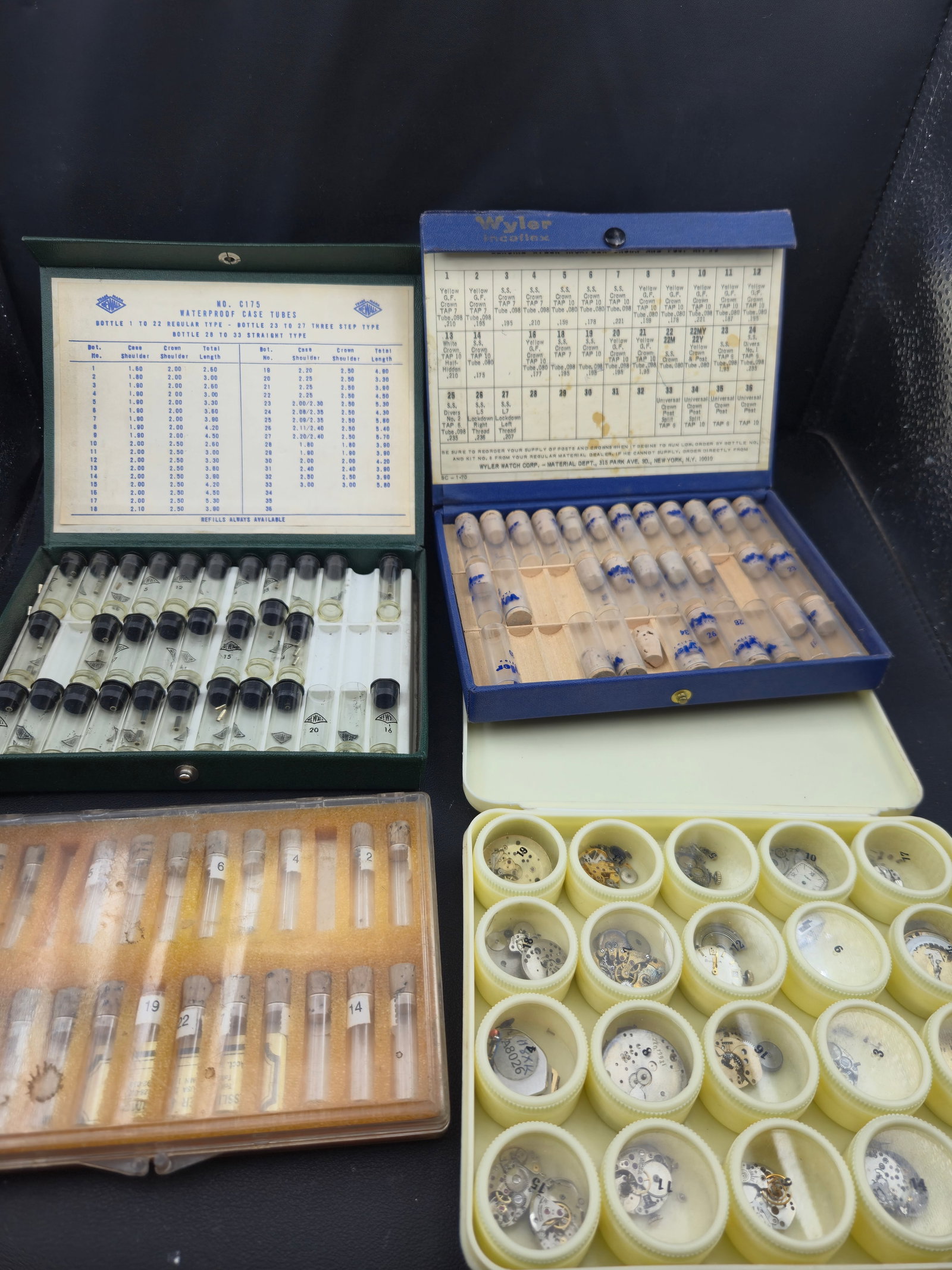 Vintage Watchmaker Supply Lot Newall C175 Wyler Incaflex Case Tube Assortments Parts: Vintage watchmaker supply and bench parts estate lot.Includes a Newall No. C175 Waterproof Case Tubes boxed assortment, Wyler Incaflex crown and case tube assortment, additional case tube set in orang