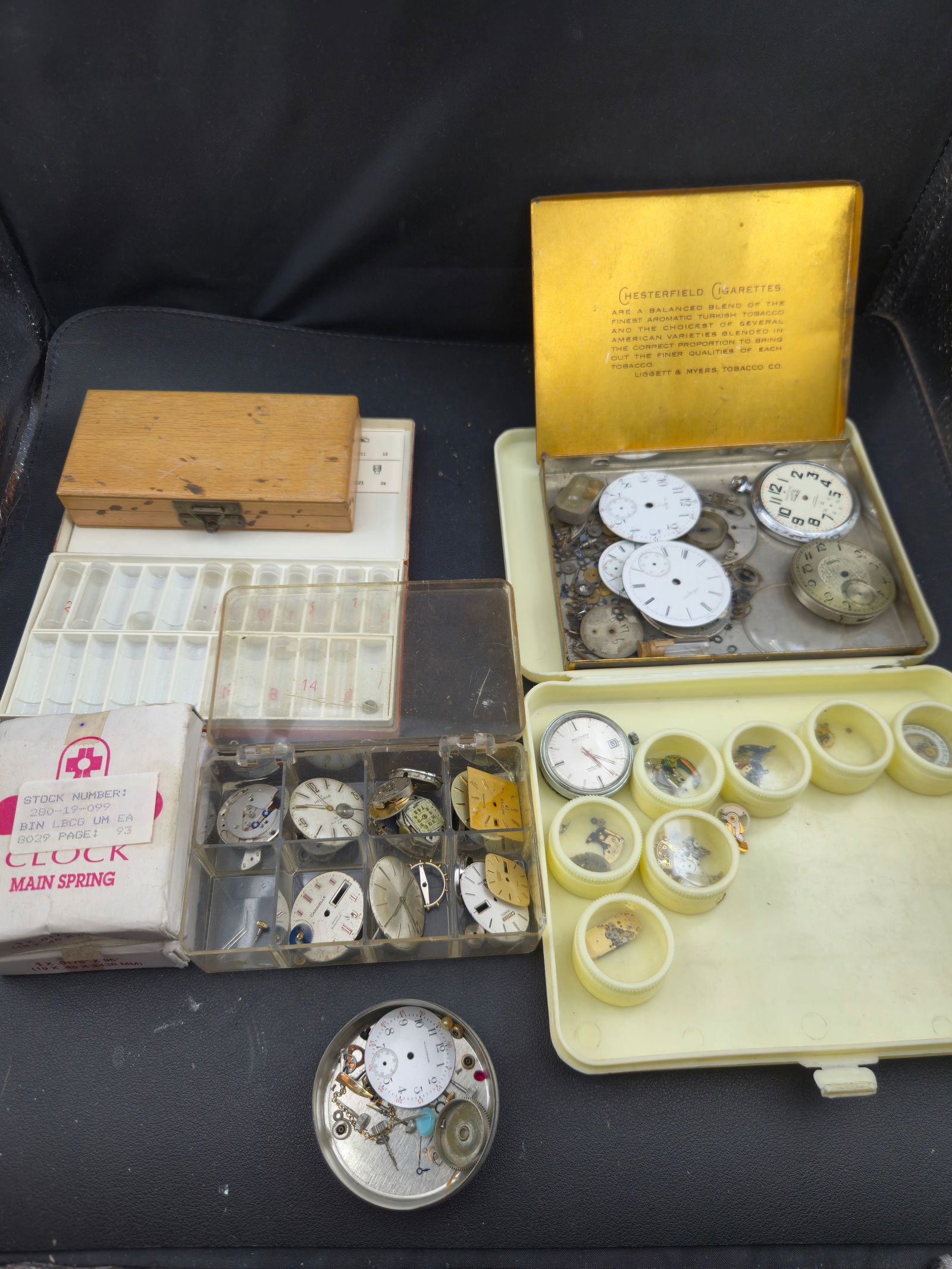 Vintage Watchmaker Parts Lot Chesterfield Tin Elgin North Star Dials Movements (1 of 8)