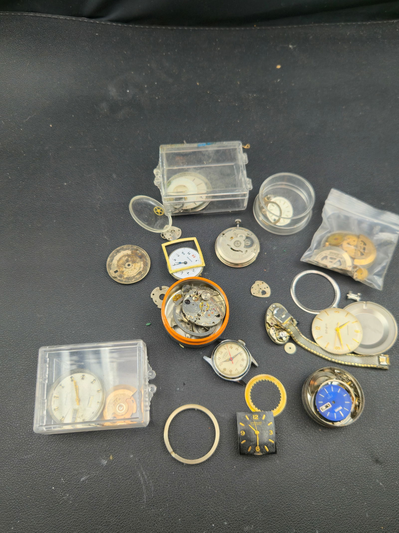 Vintage Watch Parts Lot Bulova Seiko Wittnauer Bristol Movements Dials Cases Some Running (1 of 9)
