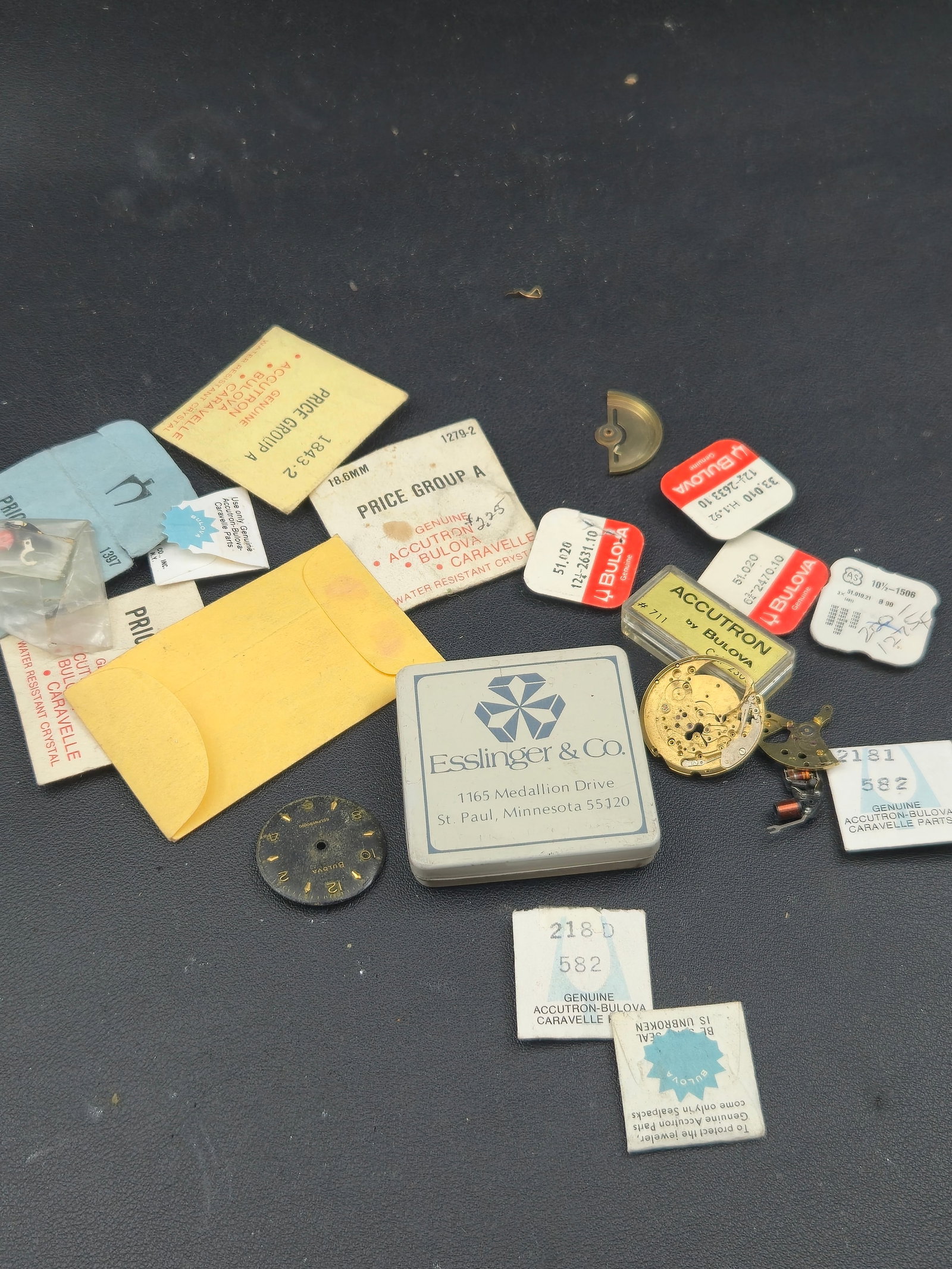 Bulova Accutron 214 218 Parts Lot Genuine Caravelle Tuning Fork Movement Coils Index Wheel: Vintage Bulova Accutron parts lot including genuine factory components and partial movements.Visible in photos:Accutron tuning fork movement plates (gold tone)Coil assemblyIndex wheel componentAccutro
