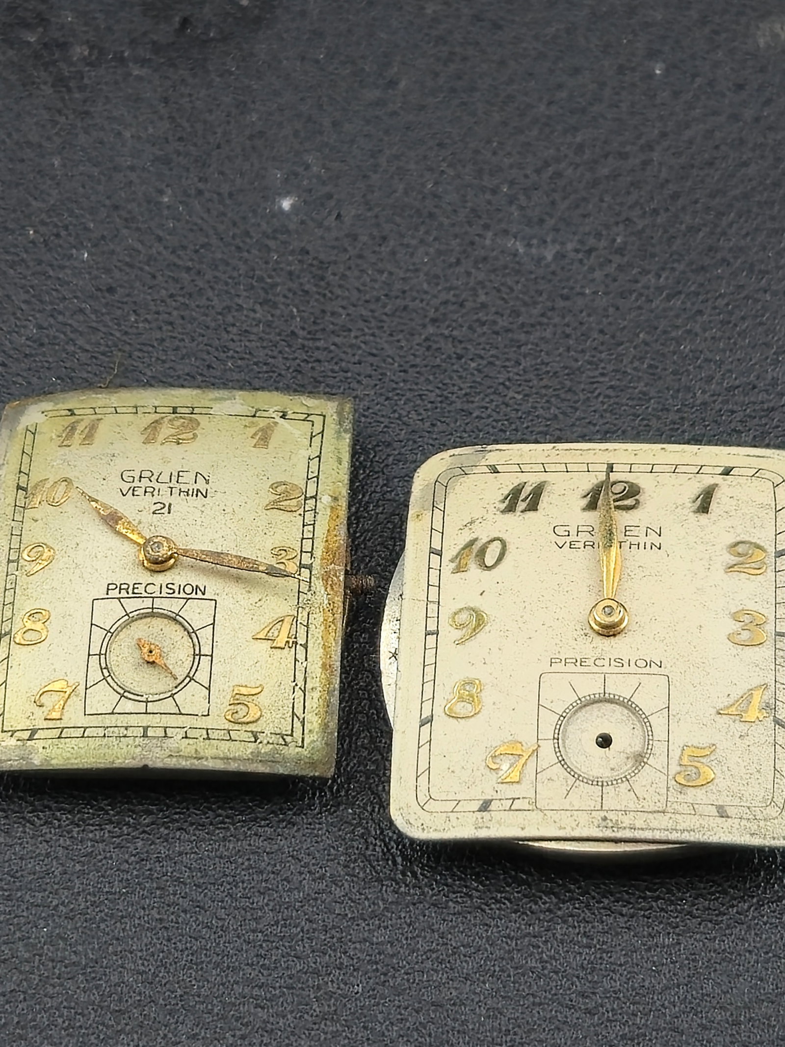 1930s Gruen Veri-Thin Precision Cal 335 17J 21J Swiss Art Deco Lot of 2: Lot of two 1930s Gruen Veri-Thin Precision manual wind wristwatches powered by Swiss caliber 335 movements. One example marked Seventeen 17 Jewels, the other marked Twenty One 21 Jewels. Both feature