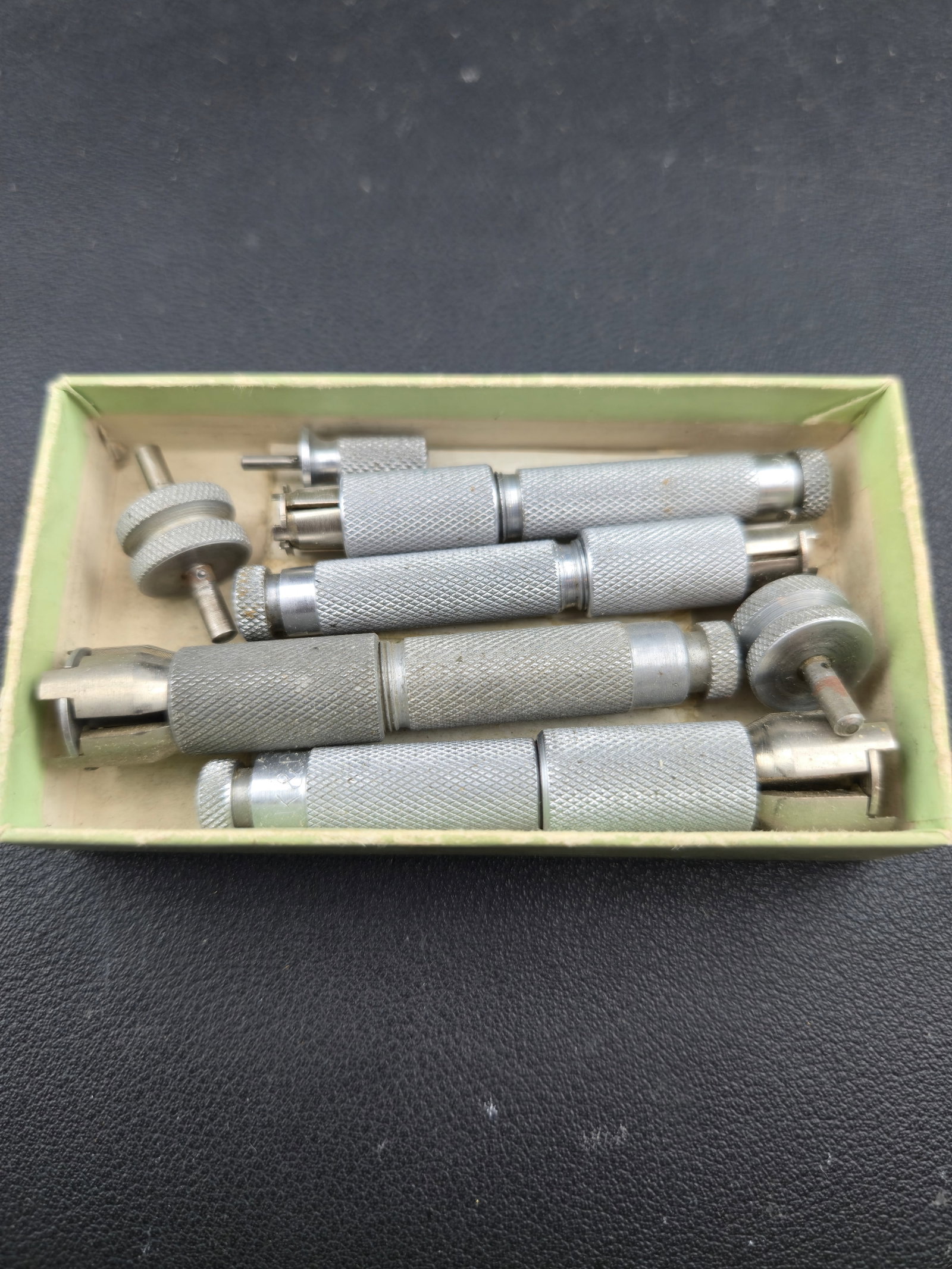 Vintage Kendrick Davis No 123X-3 Adjustable Mainspring Winders Watchmaker Tool Set: Vintage Kendrick & Davis Co. adjustable mainspring winder set No. 123X-3. Includes three winders covering 5–6 mm, 6–8 mm, and 8–11 mm barrel sizes. Original labeled box. Manufactured in Lebanon,