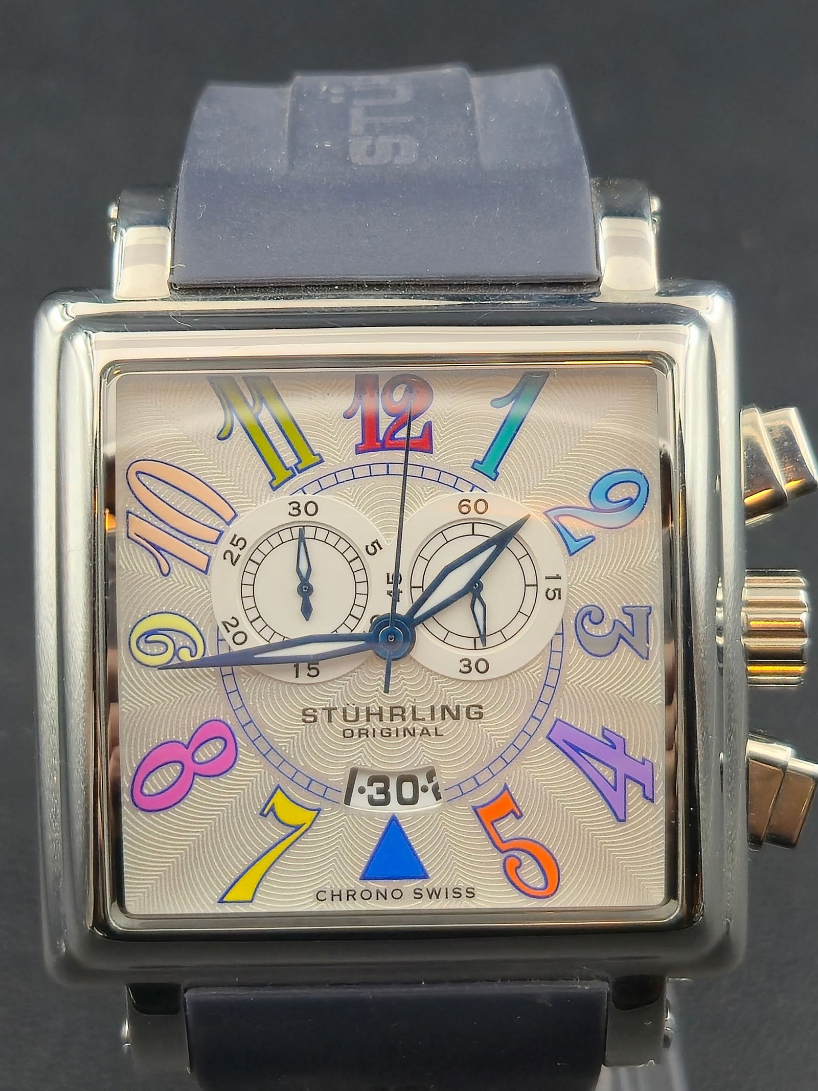 Stuhrling Original Chrono Swiss Square Chronograph Date SS 50m New Battery (1 of 8)