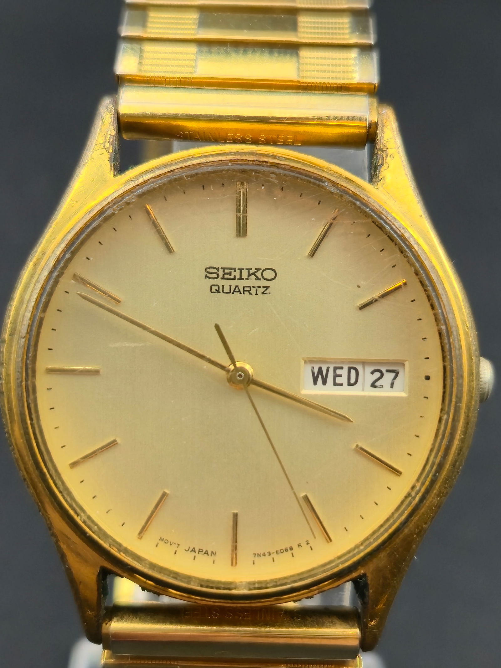 1992 Seiko Quartz 7N43-8A89 34mm Gold Tone Day Date Japan Watch Engraved Running New Battery (1 of 9)
