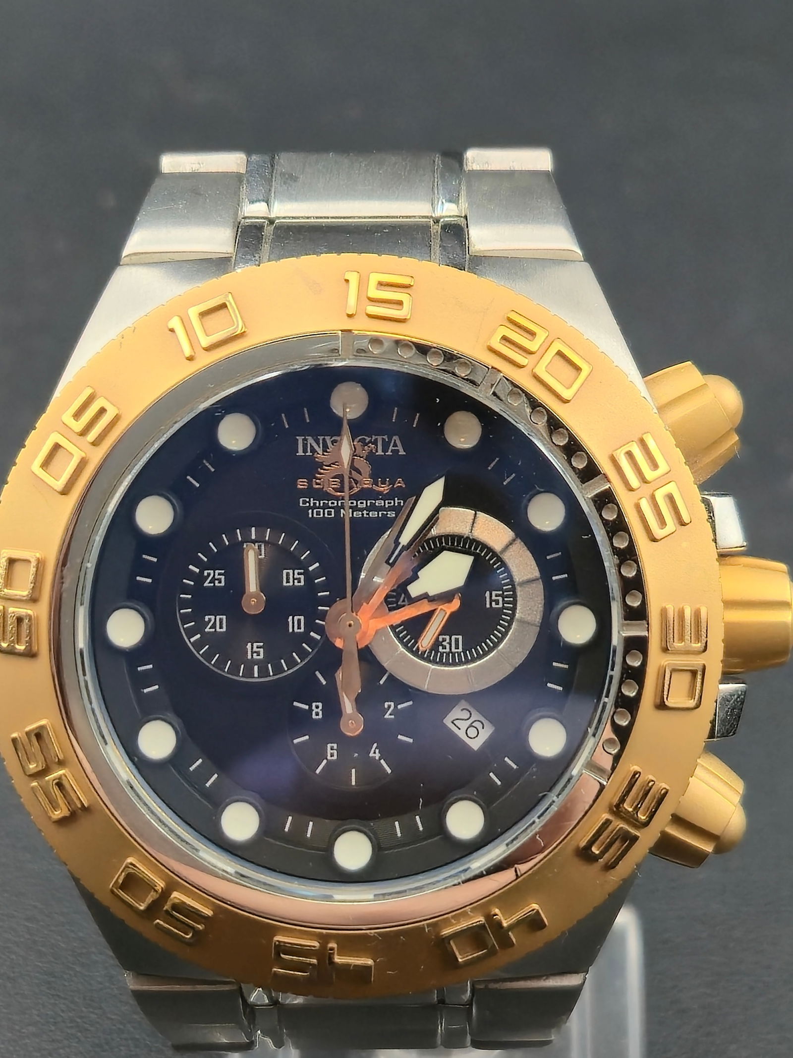 Invicta Subaqua Sport Chronograph 52mm Two Tone Steel Gold Black Dial 100M Swiss Parts New Battery (1 of 9)