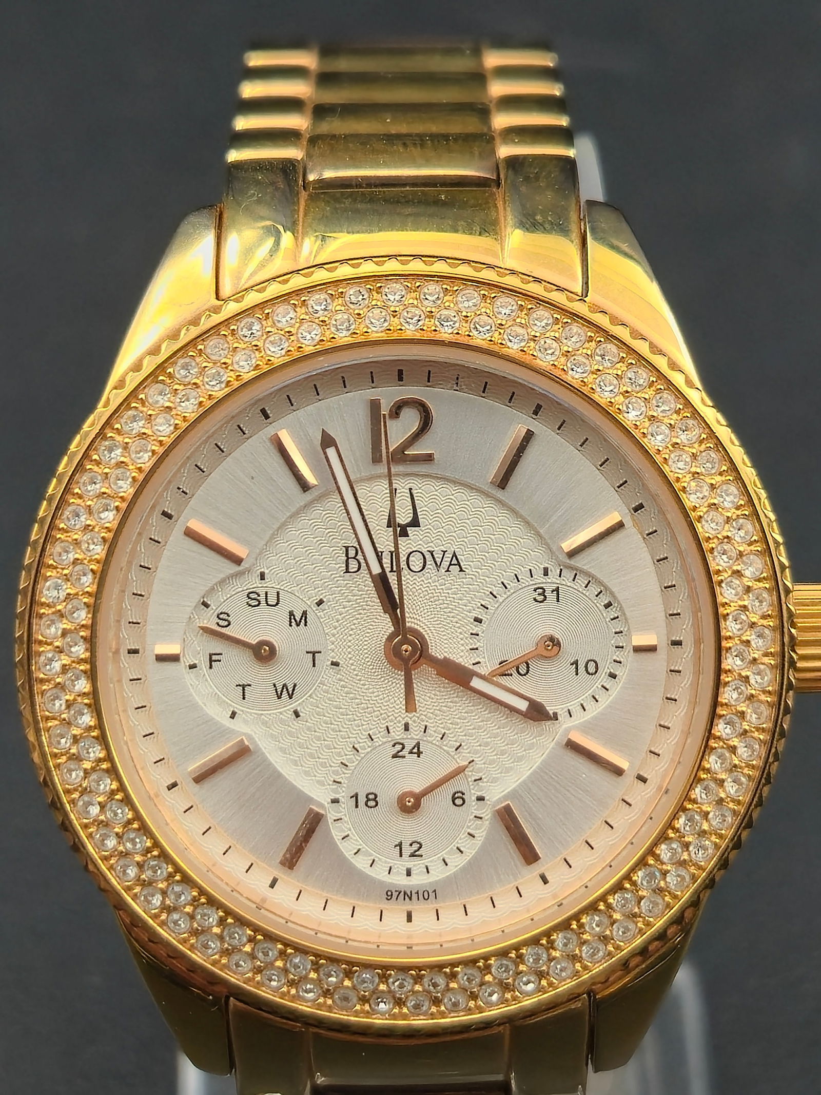 Bulova 97N101 Gold Tone Crystal Bezel 38mm Multi Function Quartz Watch New Battery (1 of 9)
