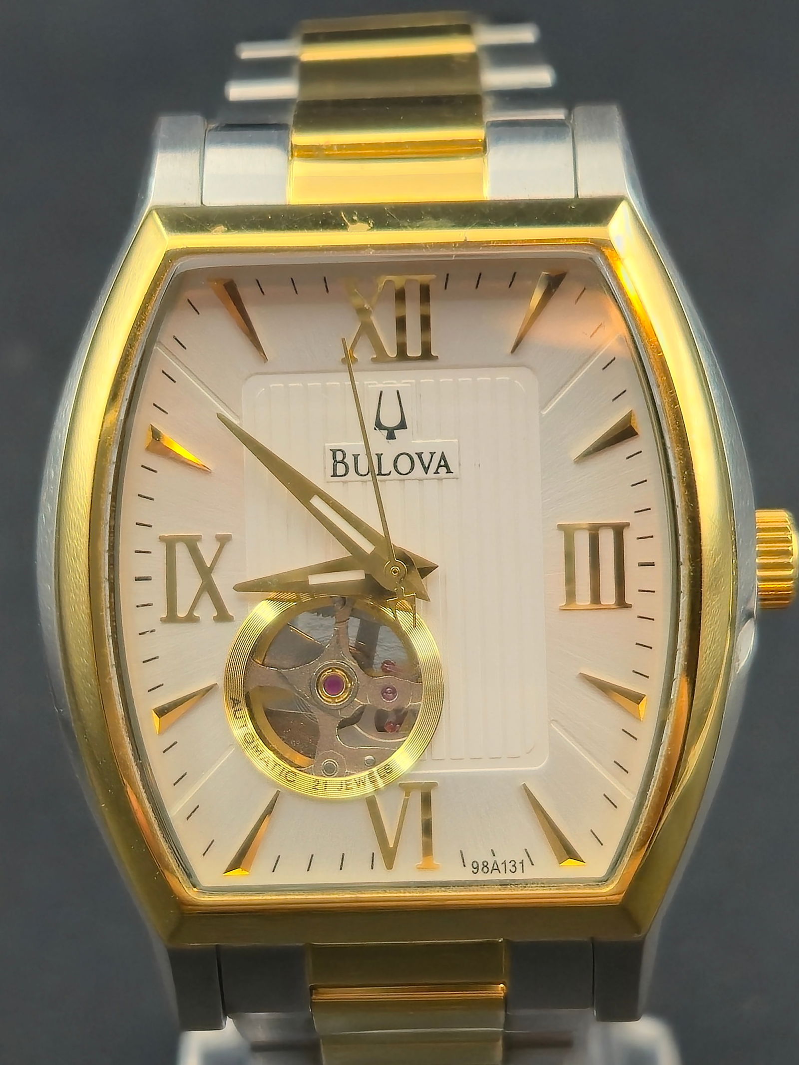 Bulova 98A131 Automatic 21J Two Tone Tonneau Open Heart 38mm Watch Runs (1 of 9)