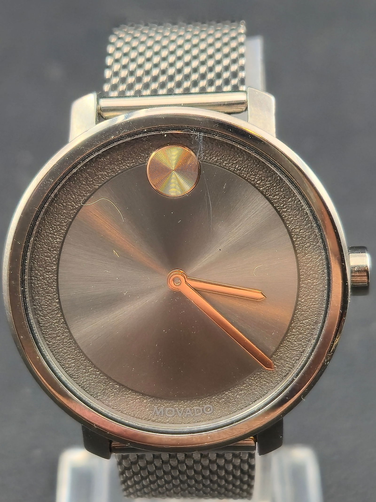 Movado Bold 3600265 34mm Museum Dial Black IP Mesh Quartz Watch New Battery: Description:Movado Bold wristwatch featuring classic Museum dial with single gold tone dot at 12 and gold tone hands. Dial signed Movado. Black IP stainless steel case with matching black IP mesh brac