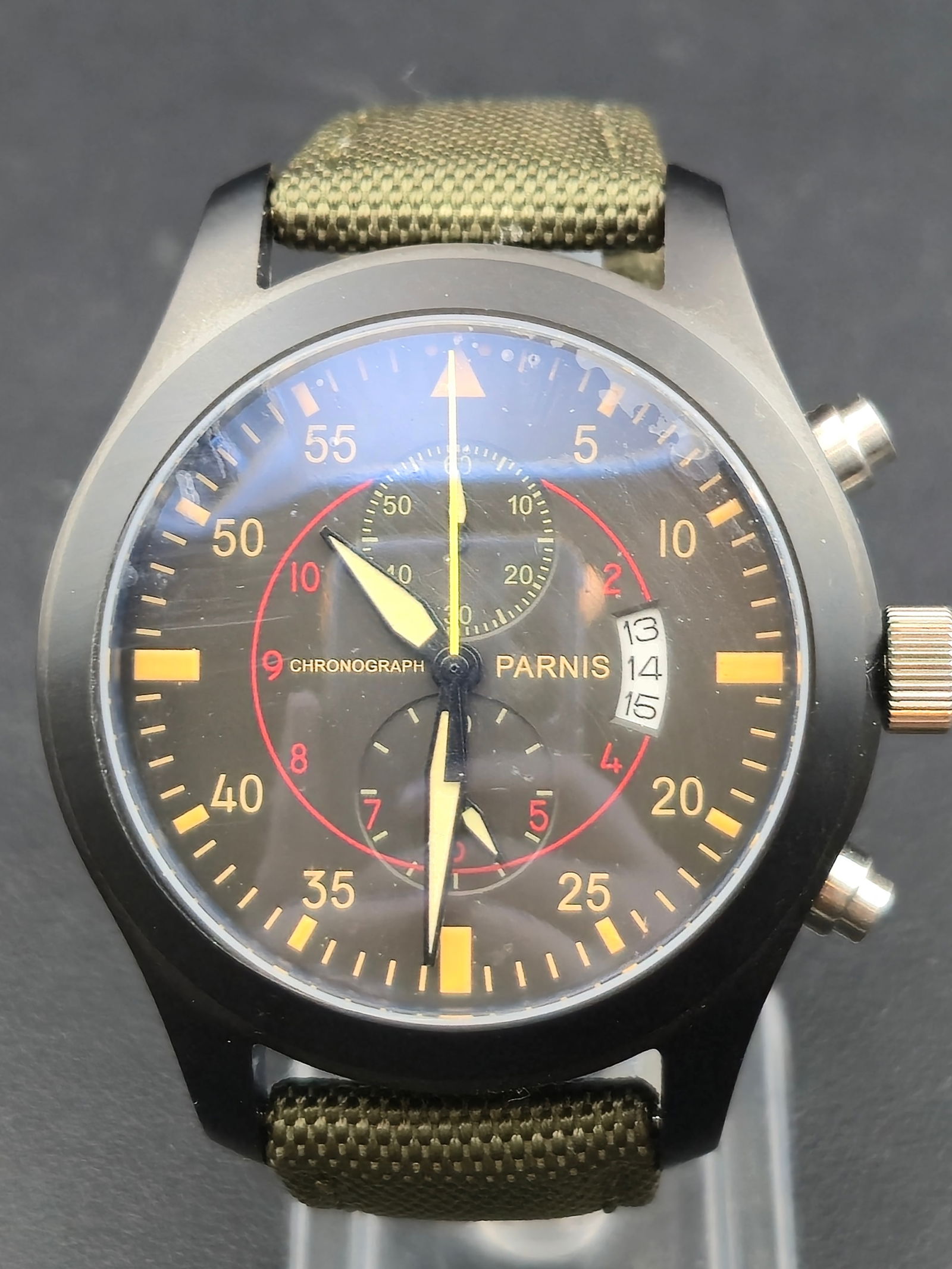 Parnis 2101 Chronograph 46mm Black PVD Pilot Style Date Watch New Battery (1 of 7)