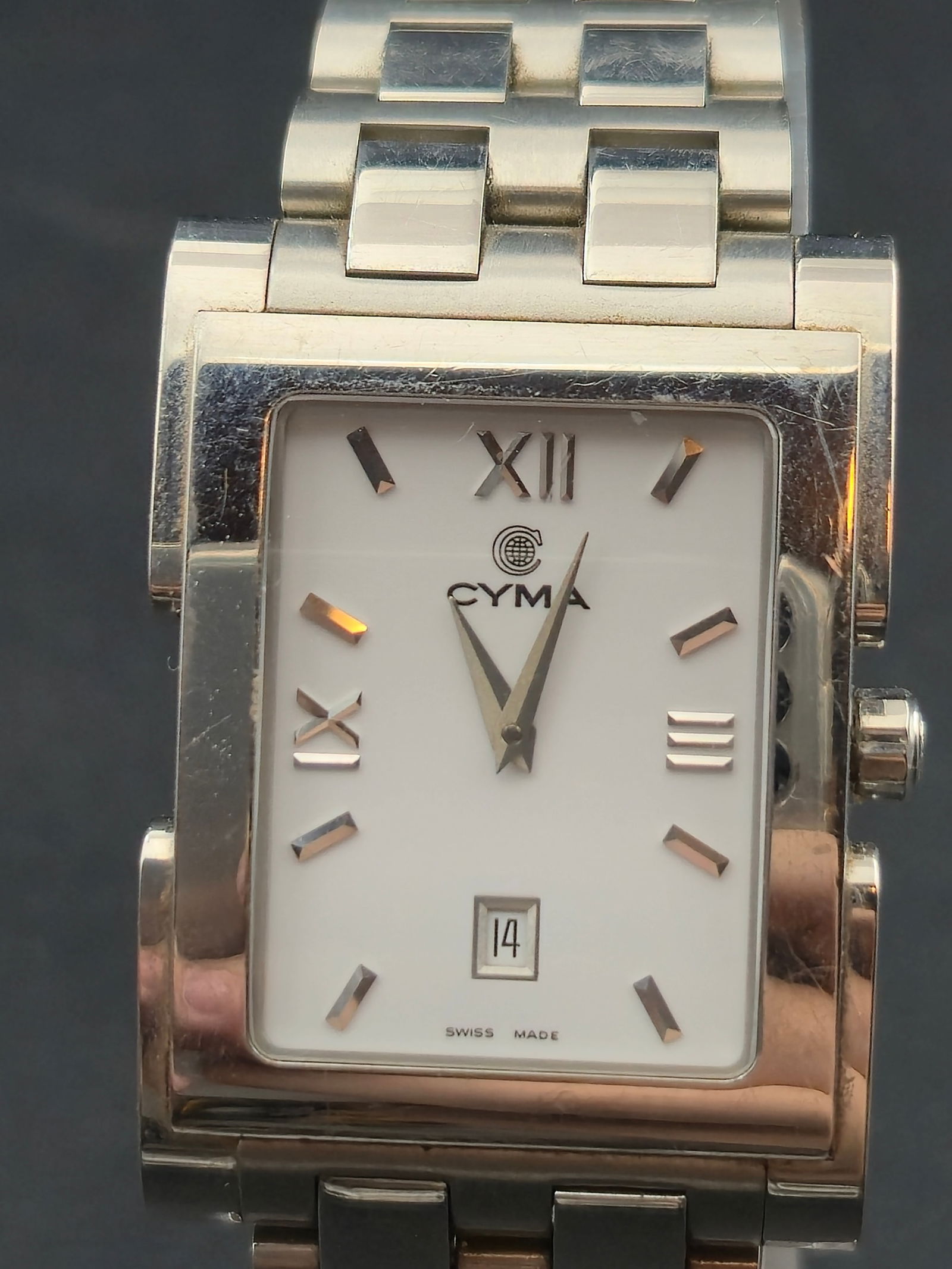 CYMA Rectangular Swiss Made 27mm Stainless Steel Quartz Date Watch New Battery (1 of 10)