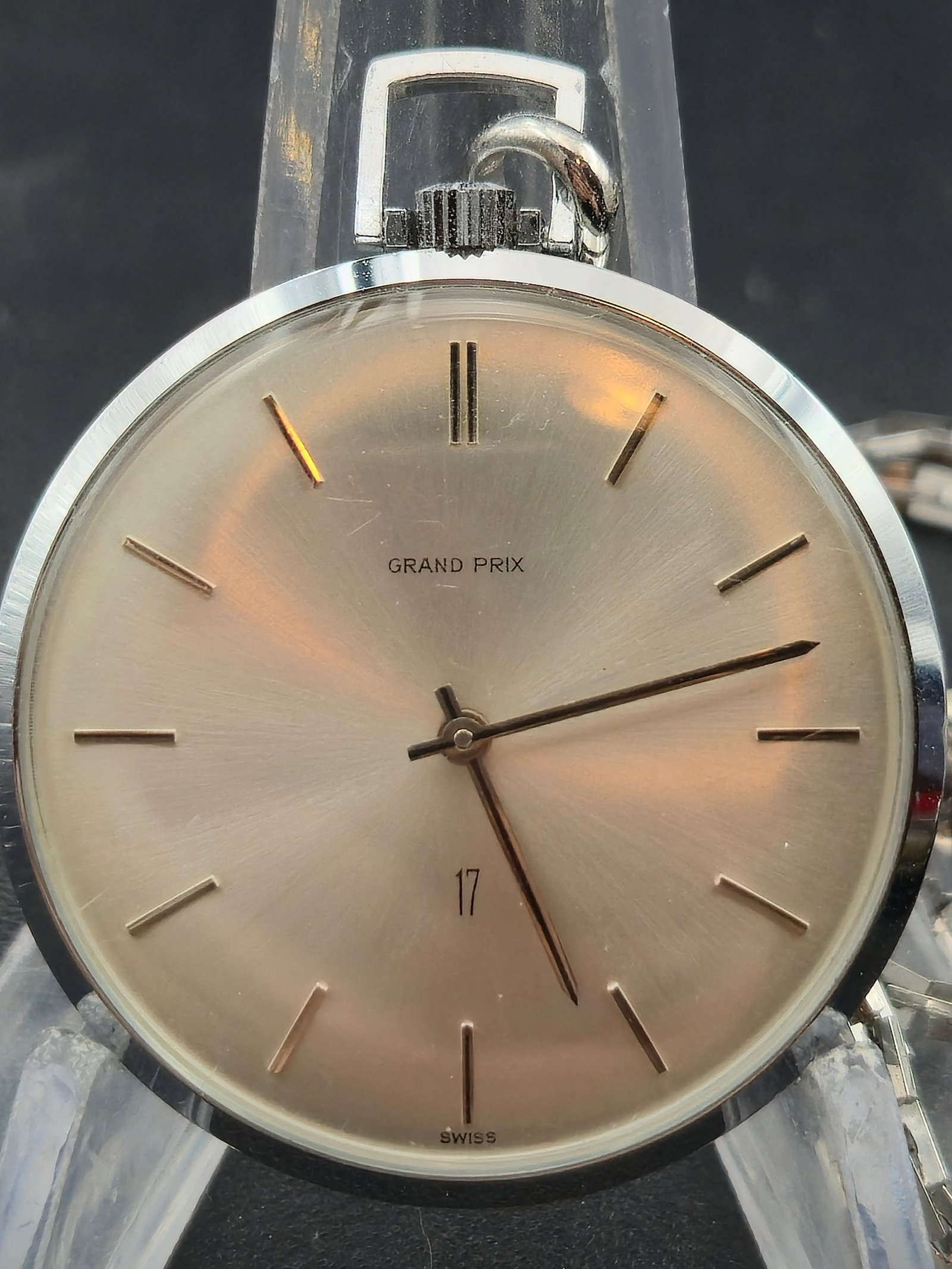 Grand Prix 17J Swiss Pocket Watch 39mm Open Face Pronto Watch Co Movement Running: Swiss open face pocket watch with brushed silver tone case and minimalist dial marked Grand Prix. Applied baton markers with 17 designation above 6 and Swiss at bottom. Movement marked Pronto Watch Co