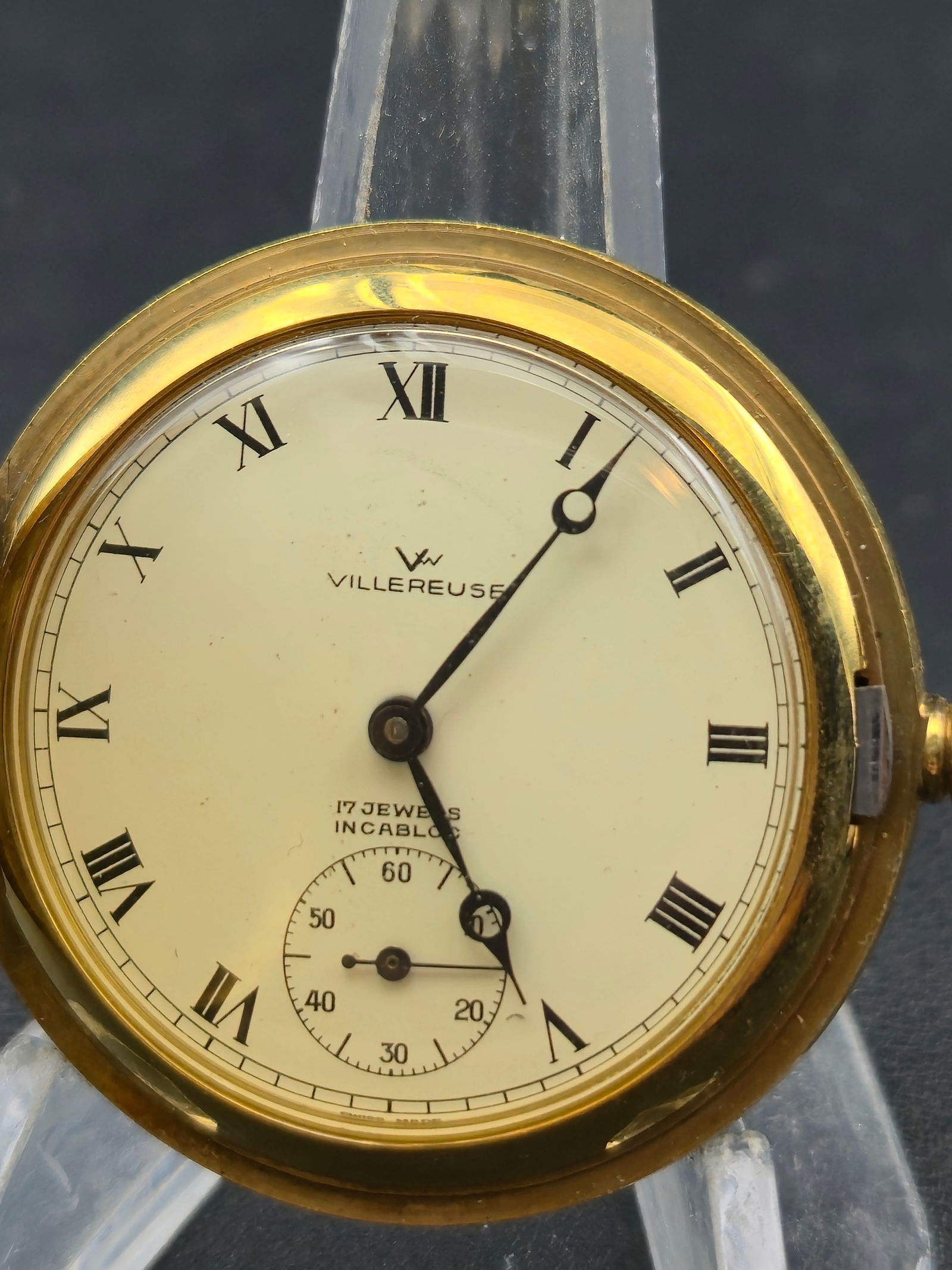 Villereuse 17J Incabloc Swiss Pocket Watch 44mm Gold Tone Case Running: Swiss pocket watch signed Villereuse on the dial. Marked 17 Jewels Incabloc. Roman numeral dial with subsidiary seconds at 6. Mechanical movement signed Arnex Time Co Inc, Seventeen 17 Jewels, Unadjus
