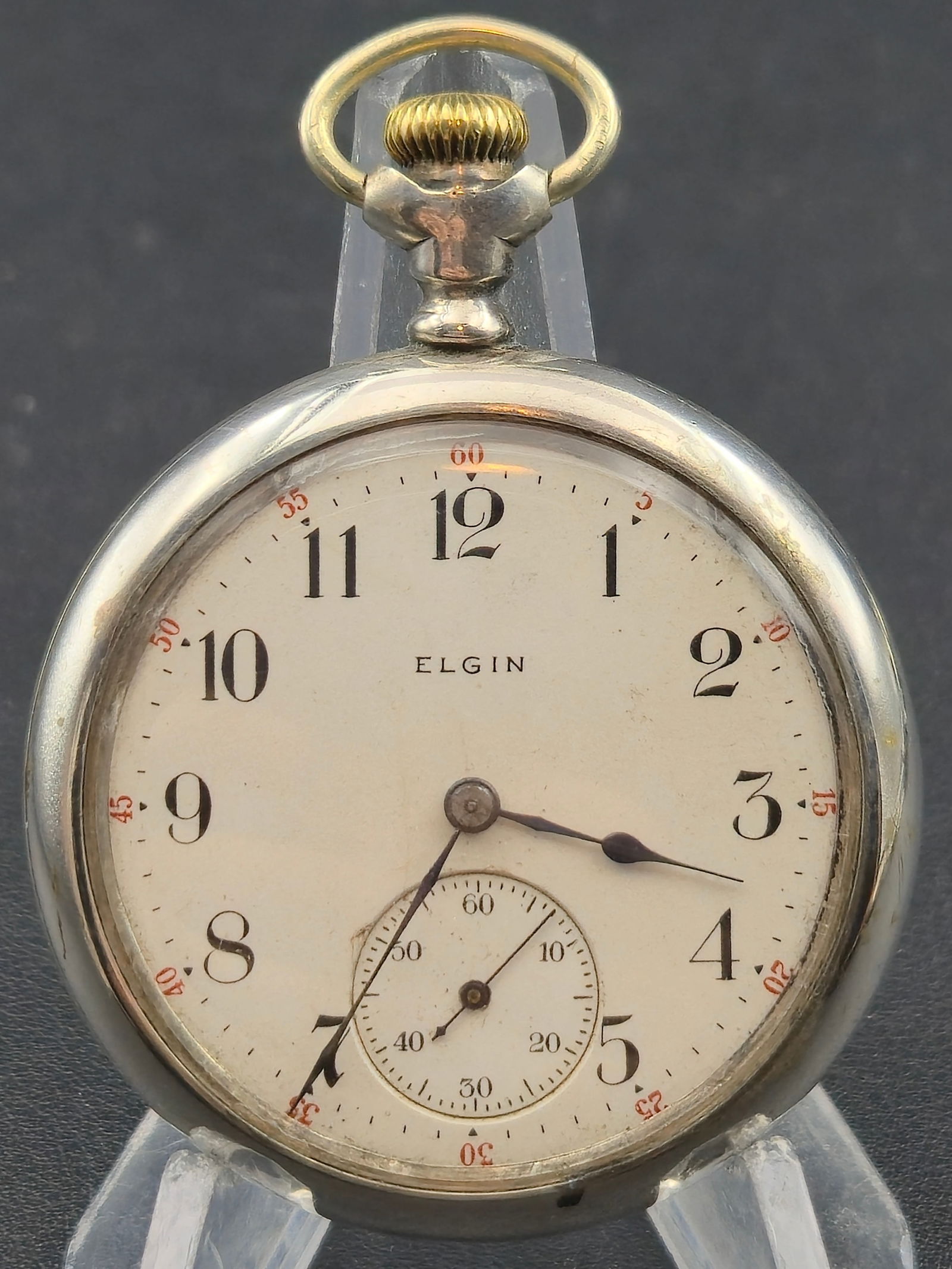 1906 Elgin Grade 340 Model 7 16s 17j Sterling Silver Case Running: 1906 Elgin Grade 340 Model 7 pocket watch, 16 size, 17 jewels, pendant set, bridge plate nickel movement with Moseley regulator and Breguet hairspring. Movement serial 11799042. Marked Elgin Natl Watc