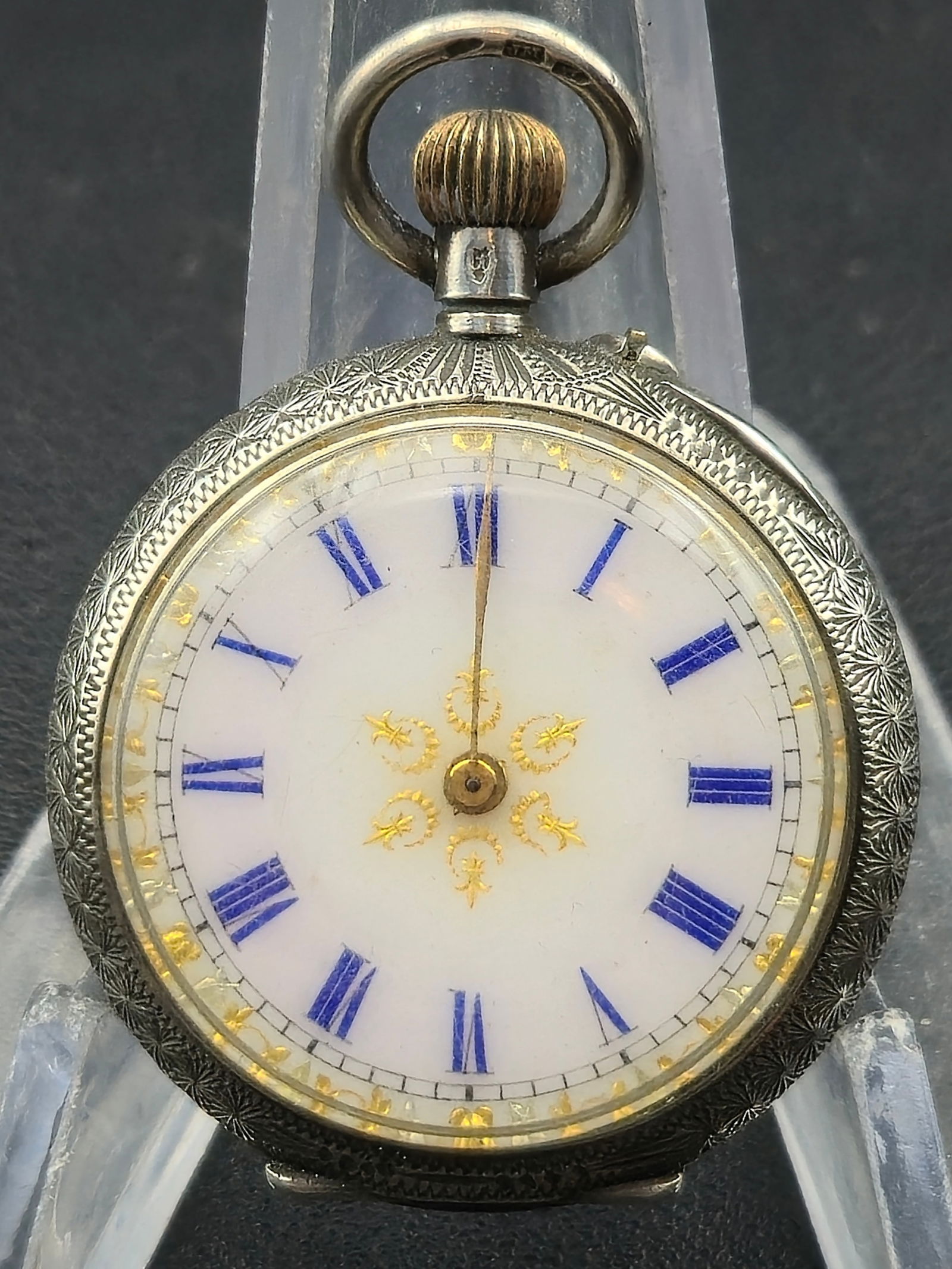205836 Swiss .935 Silver 34.68mm Engraved Pocket Watch Blue Roman Dial (1 of 9)