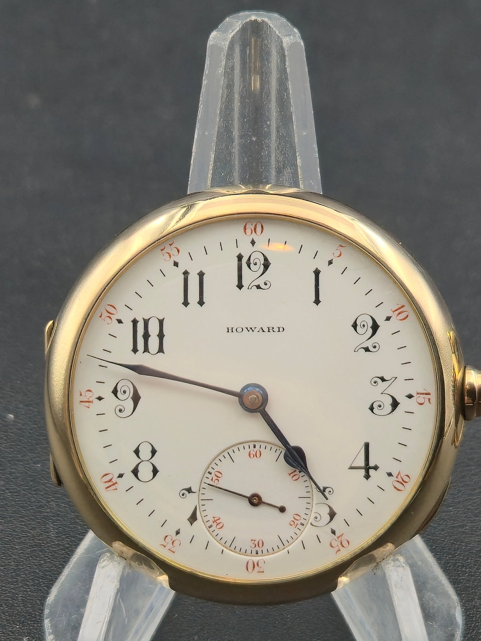 1908 E Howard Series 4 16s 17J Sidewinder Keystone GF Case 968110 Running: 1908 E. Howard Watch Co. (Keystone) Series 4, Model 1905, 16 size, 17 jewels, movement serial 968110. Nickel 3/4 plate movement with checkerboard finish pattern, double roller, Reed regulator, Breguet