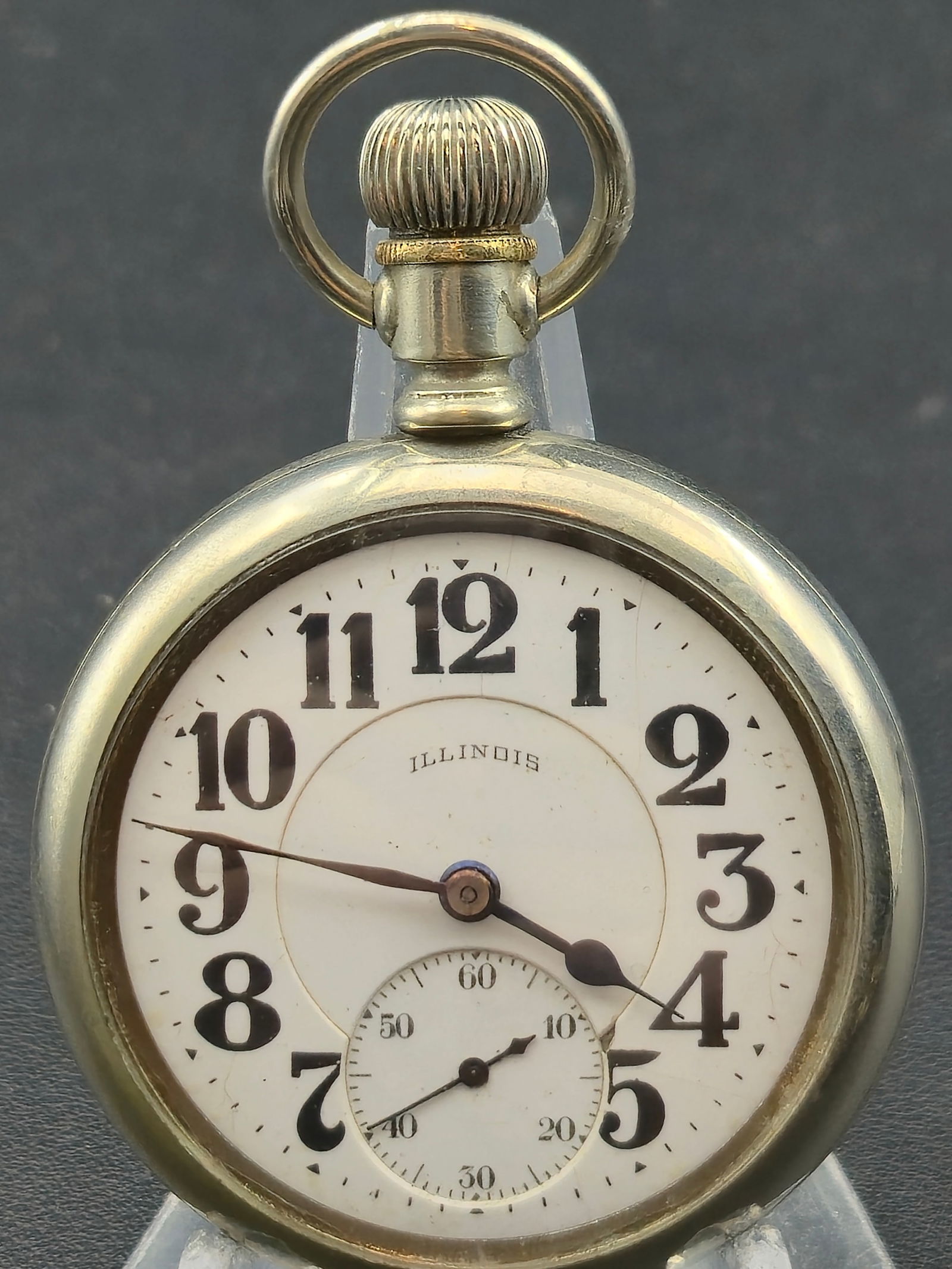 1921 Illinois Bunn Model 11 16s 19J Railroad Grade Lever Set Open Face: Illinois Watch Co. Bunn Grade, Model 11 pocket watch, movement serial number 3856774, produced in 1921. This 16 size, 19 jewel, nickel 3/4 plate movement is marked Motor Barrel and Double Roller and i