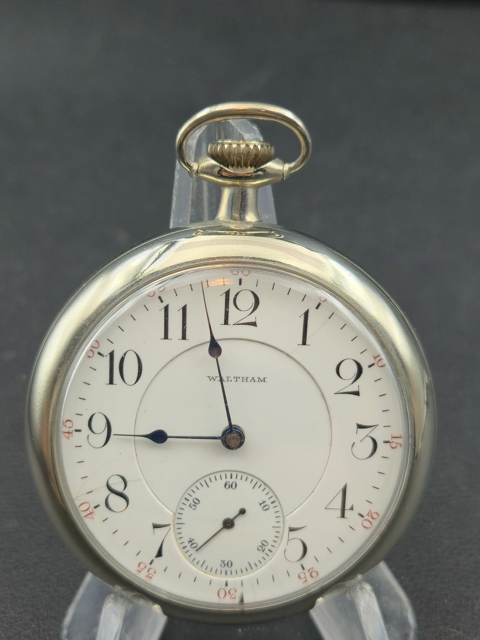 1900 Waltham Vanguard Model 1892 18s 21J Railroad Grade Keystone Silveroid Case Running: American Waltham Watch Co. Vanguard Grade, Model 1892 pocket watch, movement serial number 9527190, produced in 1900. This 18 size, 21 jewel, nickel full plate movement features Church 1892 regulator,