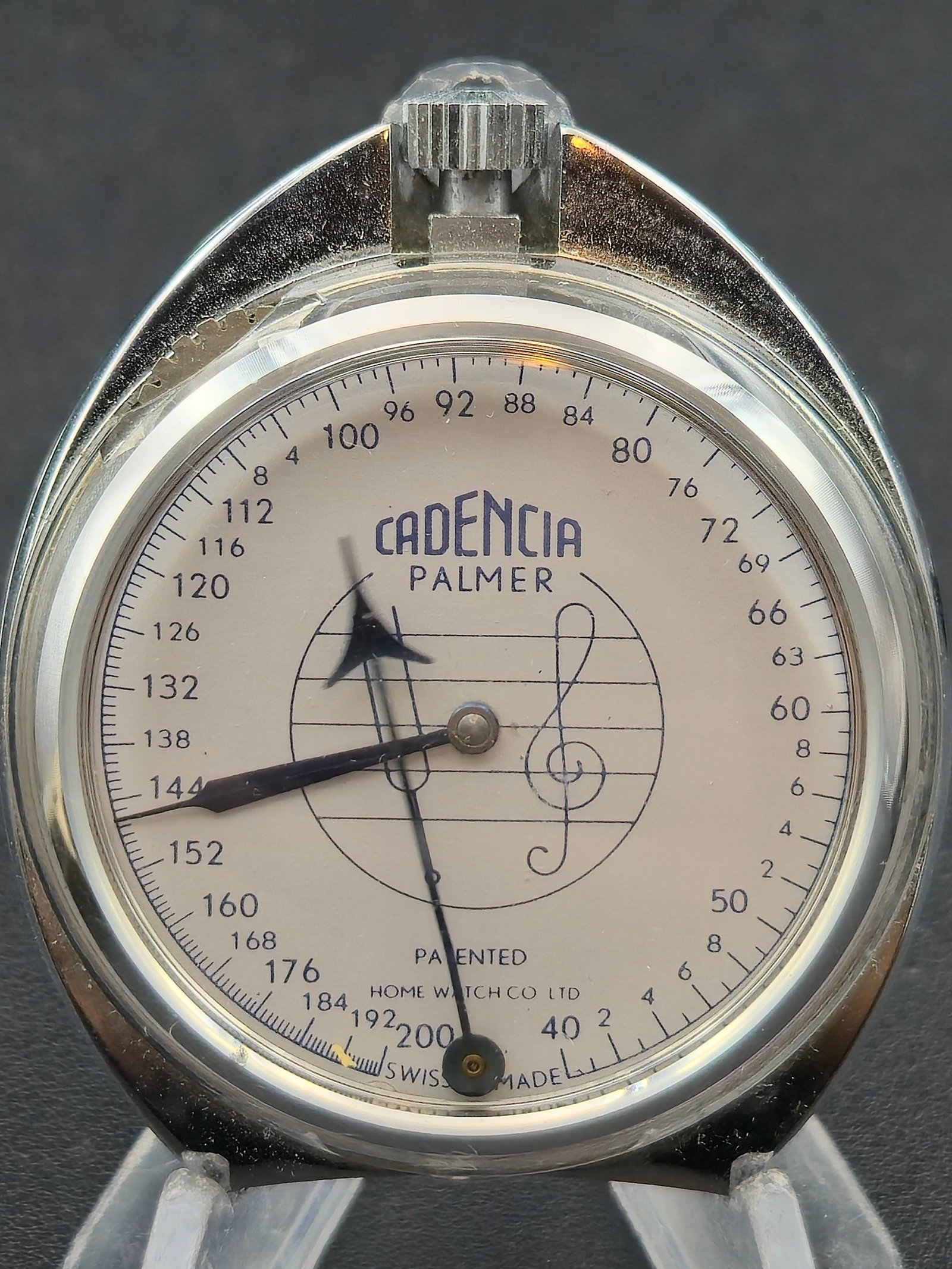 Cadencia Palmer Swiss Musical Metronome Pocket Watch w Box Running: Cadencia Palmer Swiss made pocket metronome watch, dial signed Cadencia Palmer. Marked Patented Home Watch Co Ltd Swiss Made. Musical staff center design with treble clef motif and dual scale timing t