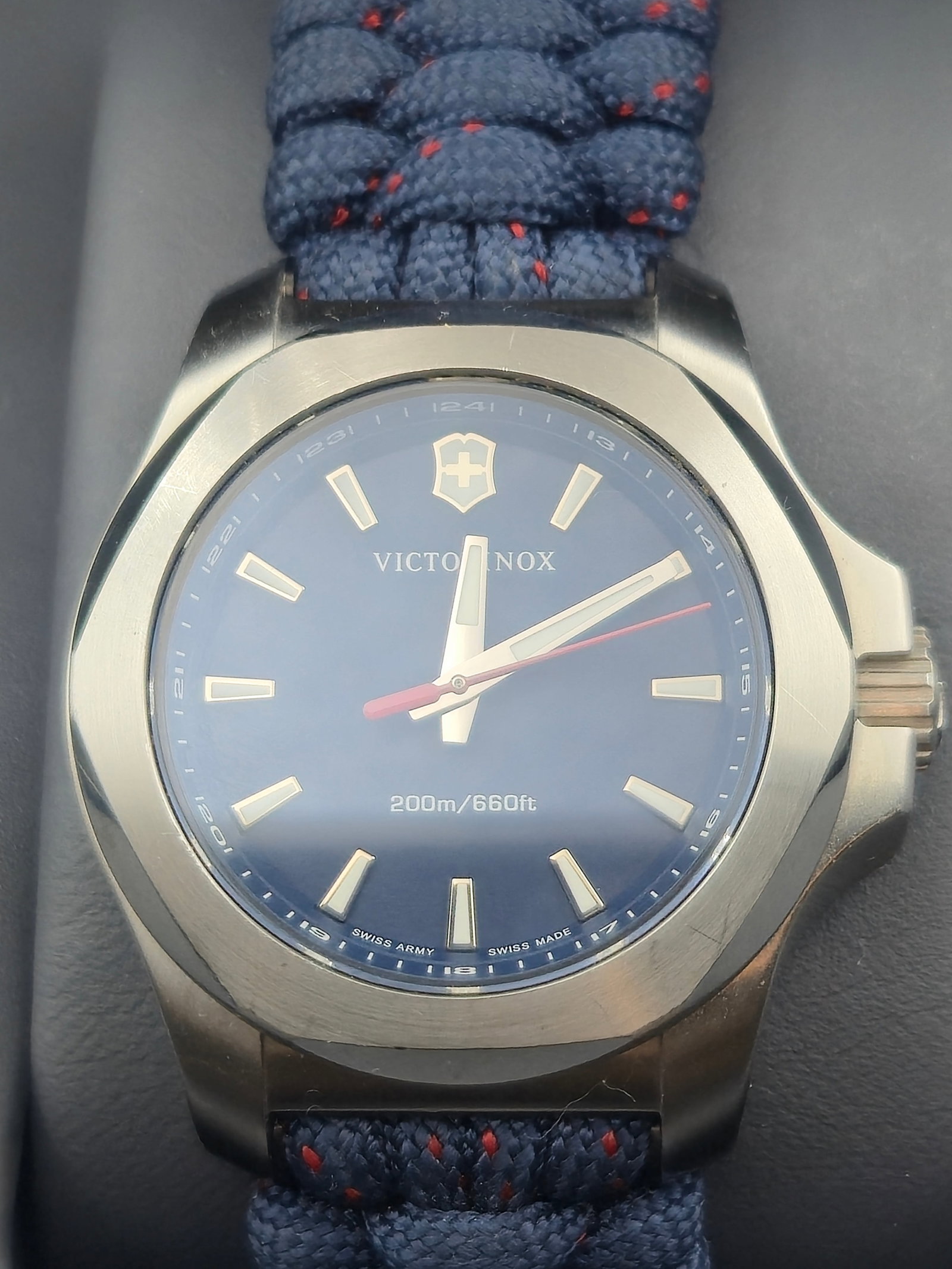 Victorinox Swiss Army 241770 38mm Blue Dial 200M Sapphire Quartz NATO New Battery: Victorinox Swiss Army reference 241770 stainless steel quartz wristwatch featuring blue dial with applied luminous markers, red seconds hand, and 200m / 660ft water resistance. Sapphire crystal. Swiss